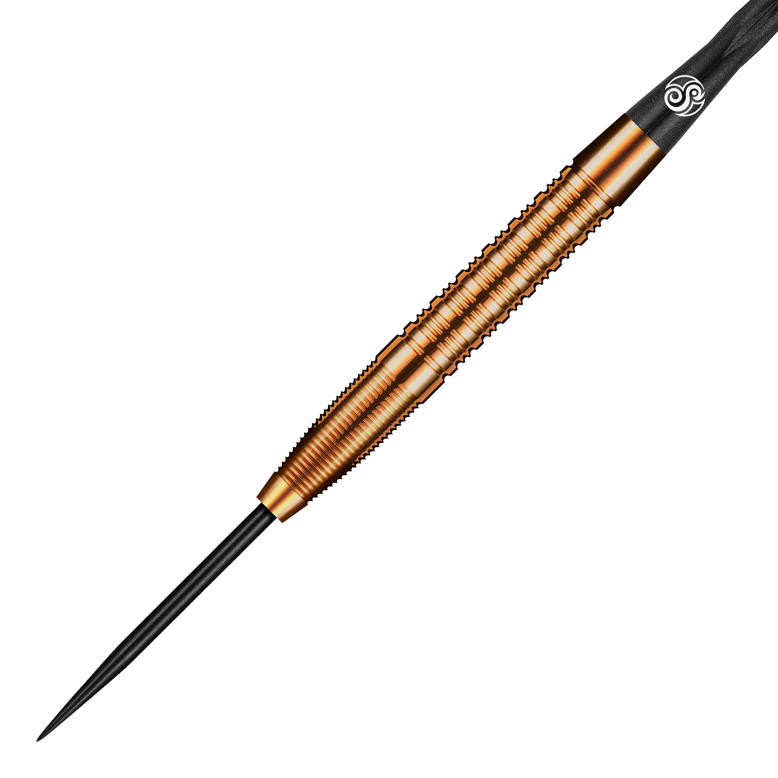 Shot Pro Series Jake Womack Steel Darts - 23g Das Bild zeigt einen Shot Pro Series Jake Womack Steeldart mit einem Gewicht von 23g. Der Dartpfeil hat ein auffälliges, bronzefarbenes Design mit feinen Rillen am Griff.