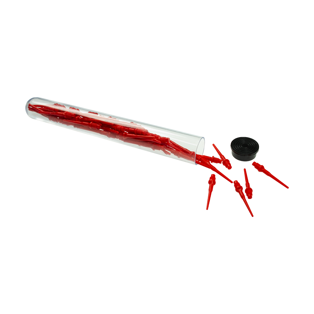 625_Spitzenr-hrchen_2_Transparent Auf dem Bild ist ein durchsichtiges Röhrchen mit mehreren roten Spitzenröhrchen zu sehen. Einige der Spitzenröhrchen liegen außerhalb des Röhrchens neben einem schwarzen Verschlussdeckel.