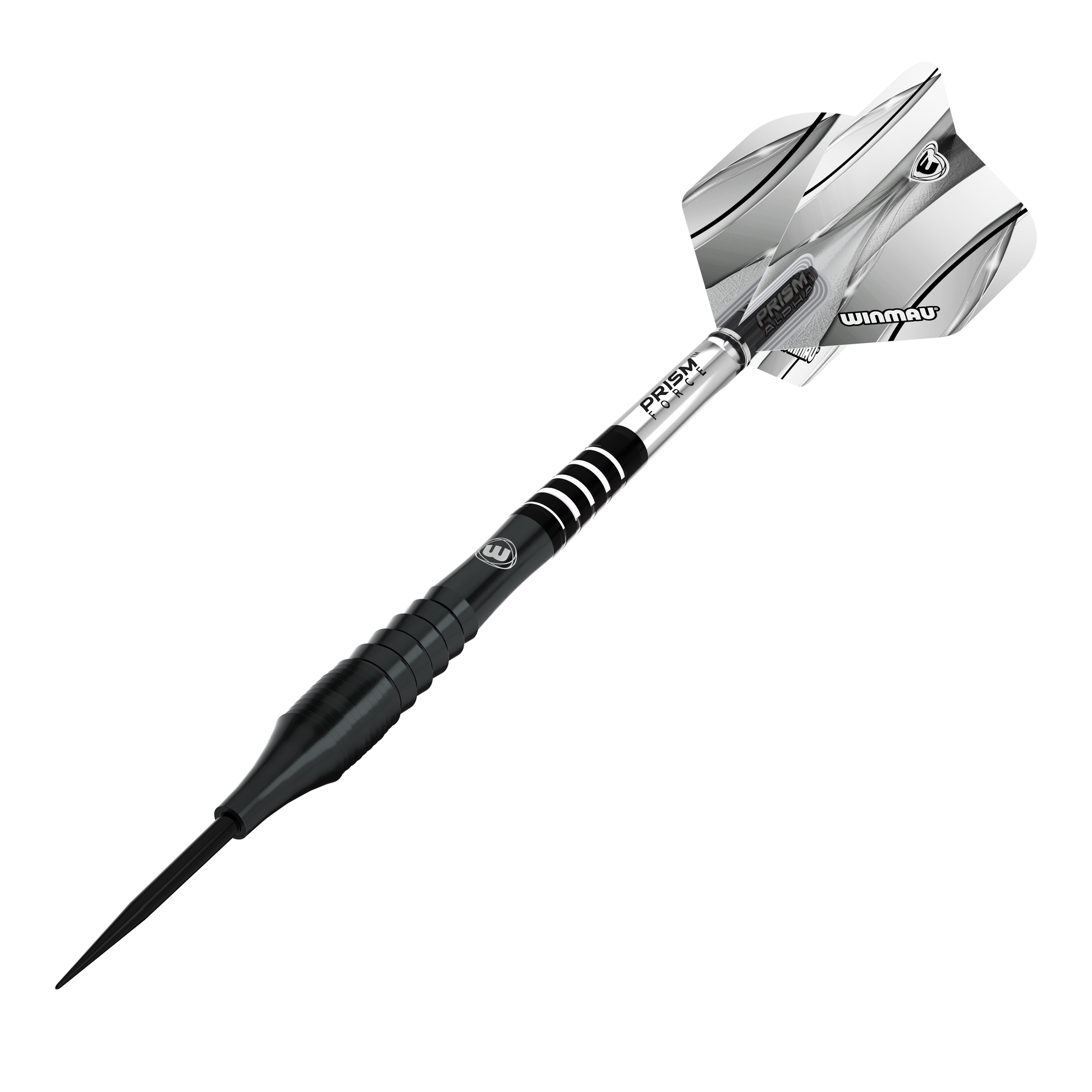 Winmau Sniper Black steel darts Das Bild zeigt einen Winmau Sniper Black Steeldart. Der Dartpfeil ist schwarz-silber und hat ein modernes Design mit Streifen und dem Winmau-Logo auf den Flights.