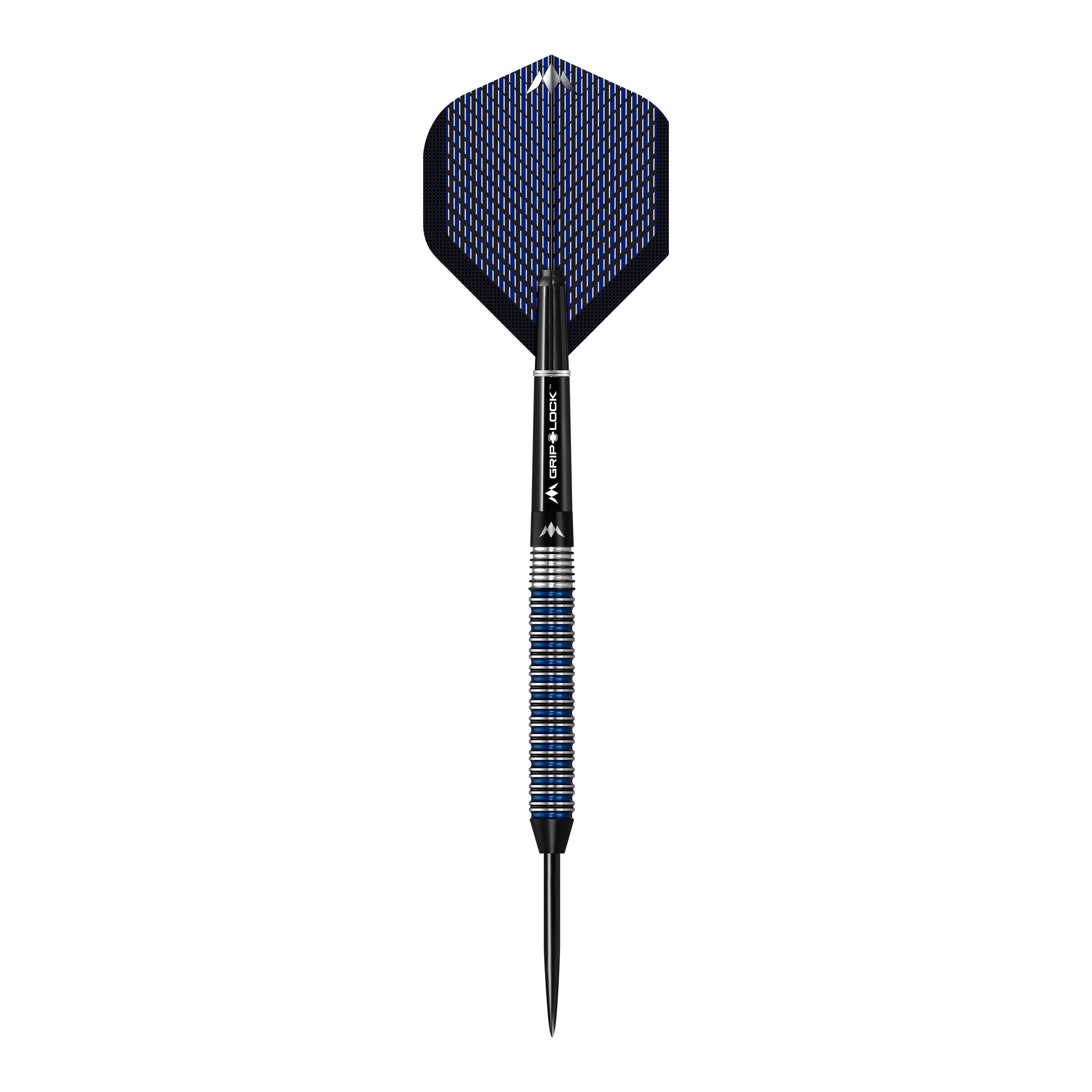 Mission Nightfall Model 2 steel darts Das Bild zeigt einen Mission Nightfall Model 2 Steeldart. Der Dart hat ein schwarz-blau gemustertes Flight und einen geriffelten silber-blauen Schaft.