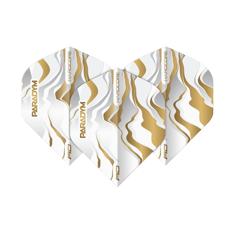 Das Bild zeigt das Set Red Dragon Hardcore Premium Paradym Gold Premium No2 Standard Flights. Die Flights zeichnen sich durch ihr goldfarbenes Design und Premium-Qualität aus.