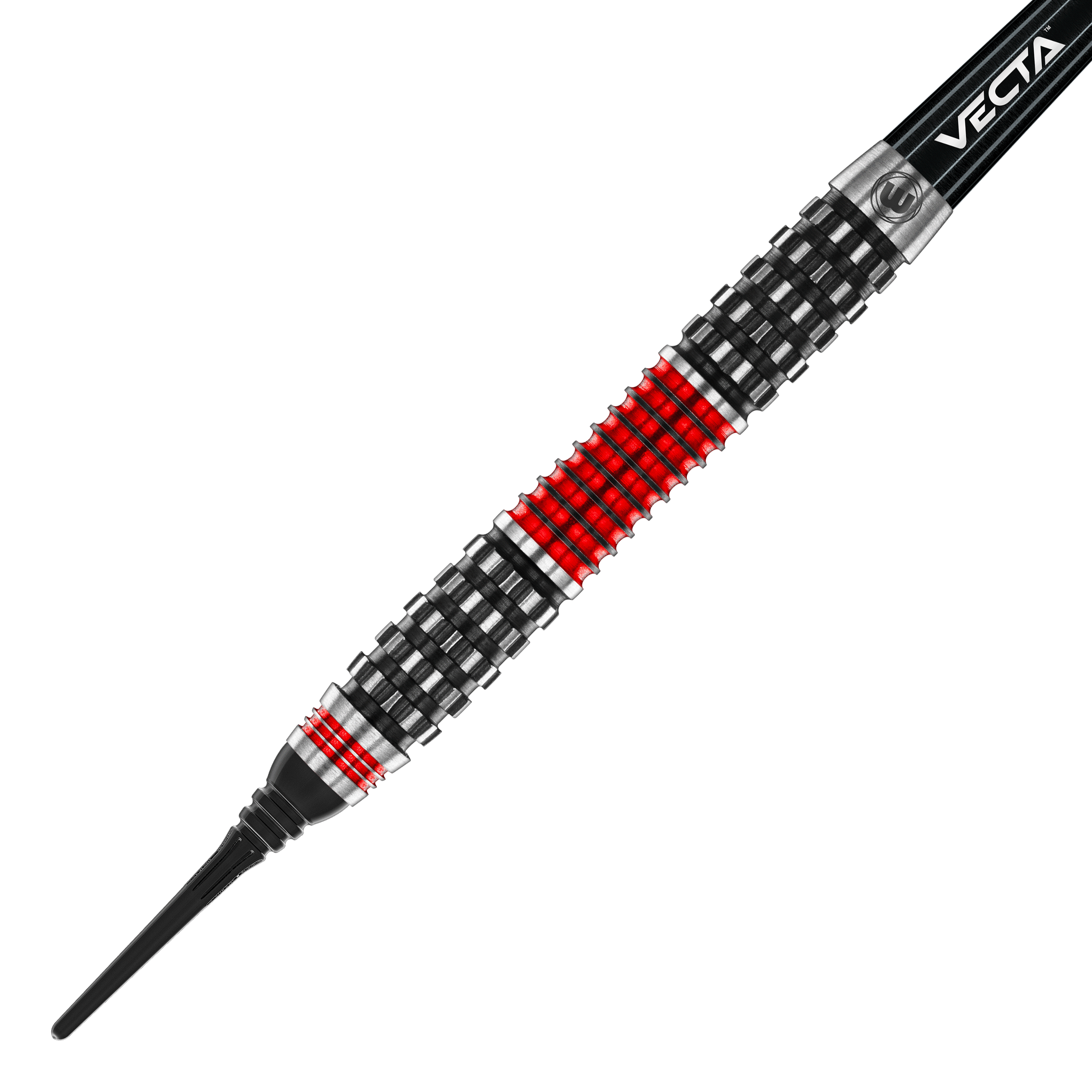 Winmau Joe Cullen Rockstar Series RS1 Soft Darts - 20g Dies ist ein Softdart aus der Winmau Joe Cullen Rockstar Series RS1 mit einem Gewicht von 20g. Der Dart hat ein auffälliges Design mit schwarzen, silbernen und roten Ringen am Barrel.