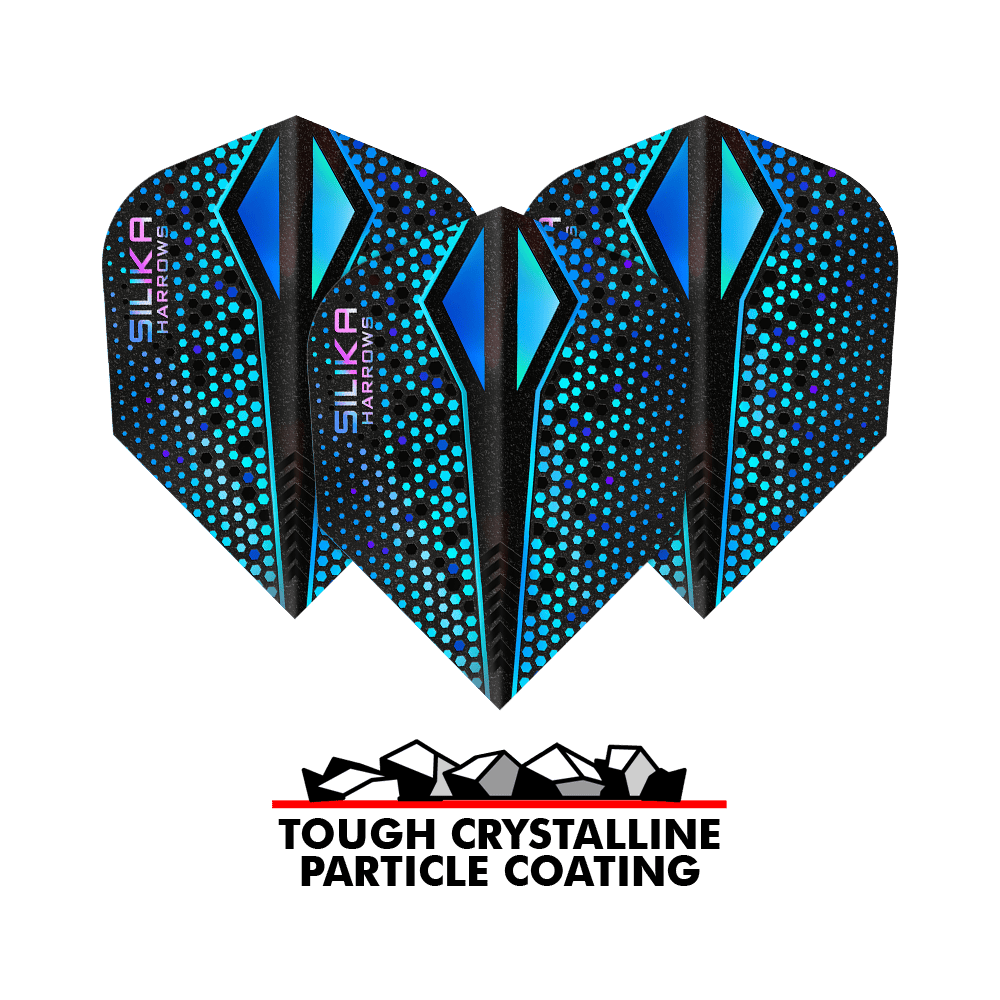 Harrows Silika Colorshift Tough Crystalline Coating Blue-X No6 Flights Das Bild zeigt drei blaue Harrows Silika Colourshift Tough Crystalline Coating Blue-X No6 Flights. Darunter steht der Schriftzug "Tough Crystalline Particle Coating" mit einer Grafik von Kristallteilchen.