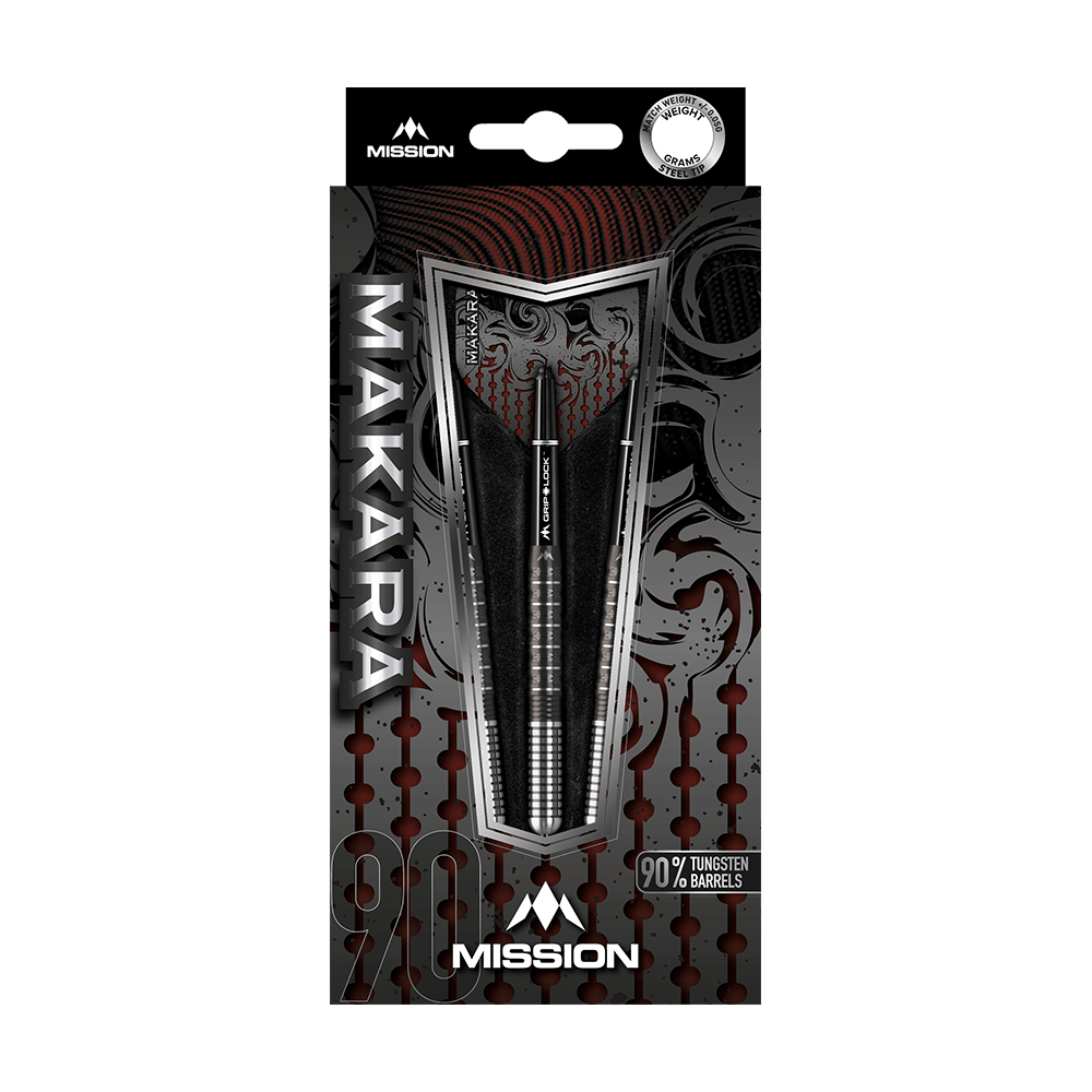 Die Abbildung zeigt die Verpackung der "Mission Makara M1 Steeldarts". Auf der Verpackung steht, dass die Darts 90% Tungsten-Barrels haben.