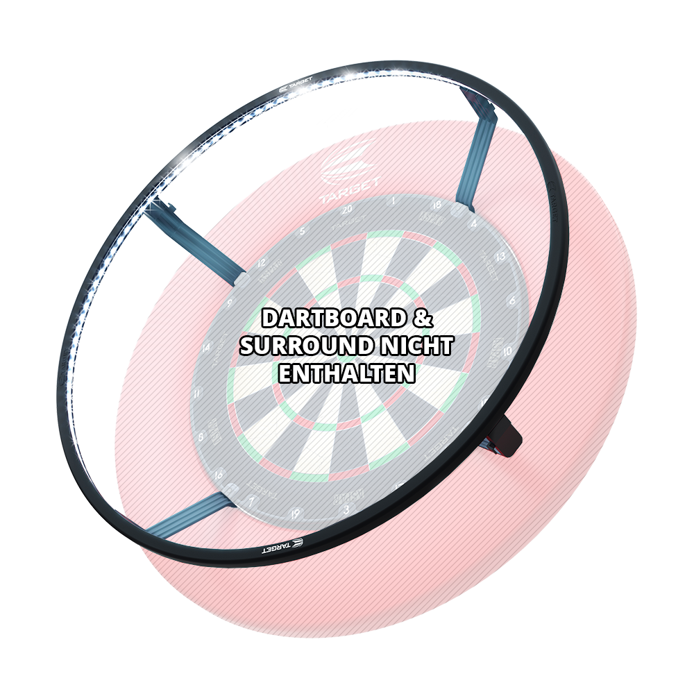 Das Bild zeigt das Produkt "Target CORONA Vision LED Dartboard Lighting System", das als Beleuchtungssystem für eine Dartscheibe dient. Auf dem Bild steht außerdem der Hinweis: "Dartboard & Surround nicht enthalten."