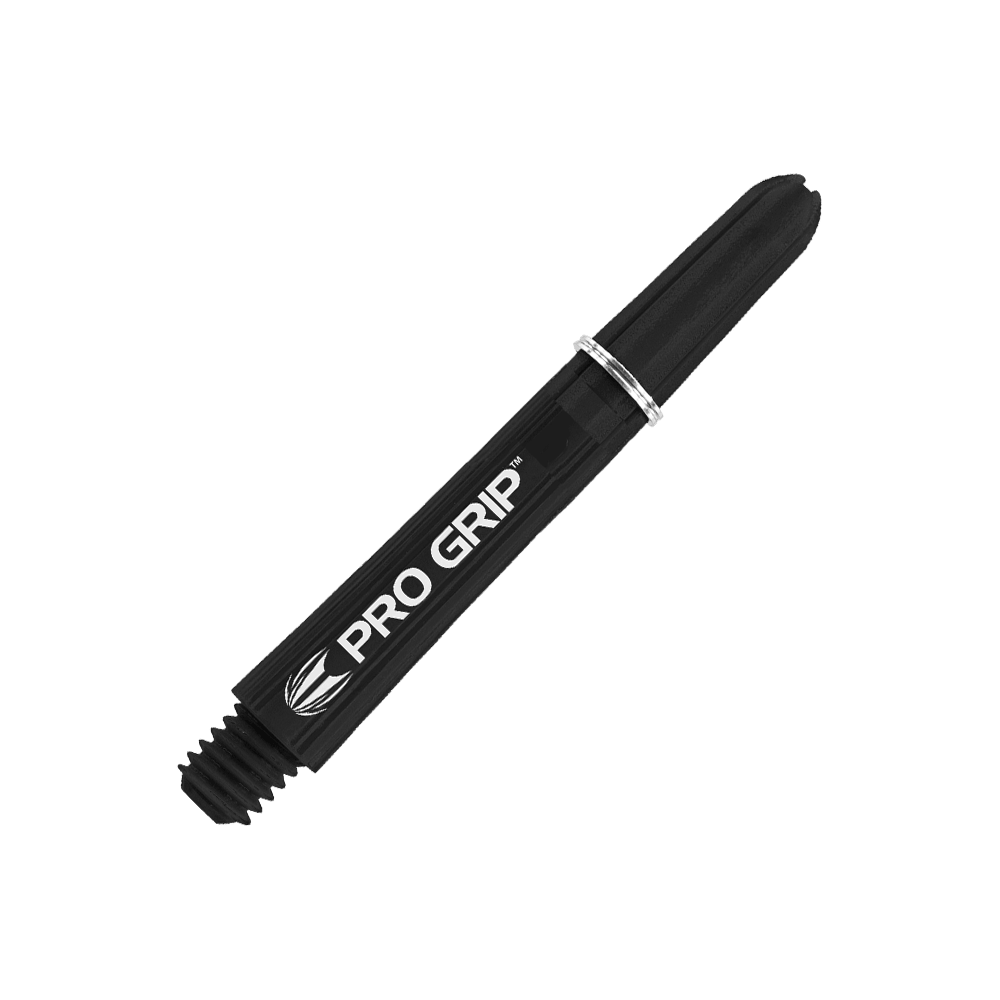 110164_Target_Pro_Grip_Shafts_Schwarz_375mm_2 Das Bild zeigt einen schwarzen Target Pro Grip Schaft für Dartpfeile. Auf dem Schaft steht in weißer Schrift "PRO GRIP".