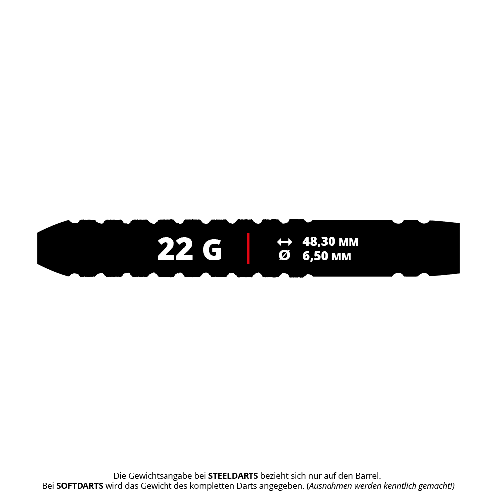 Das Bild zeigt die Red Dragon Gian Van Veen Tour Edition Steeldarts mit einem Gewicht von 22 Gramm. Die Darts haben eine Länge von 48,30 mm und einen Durchmesser von 6,50 mm.