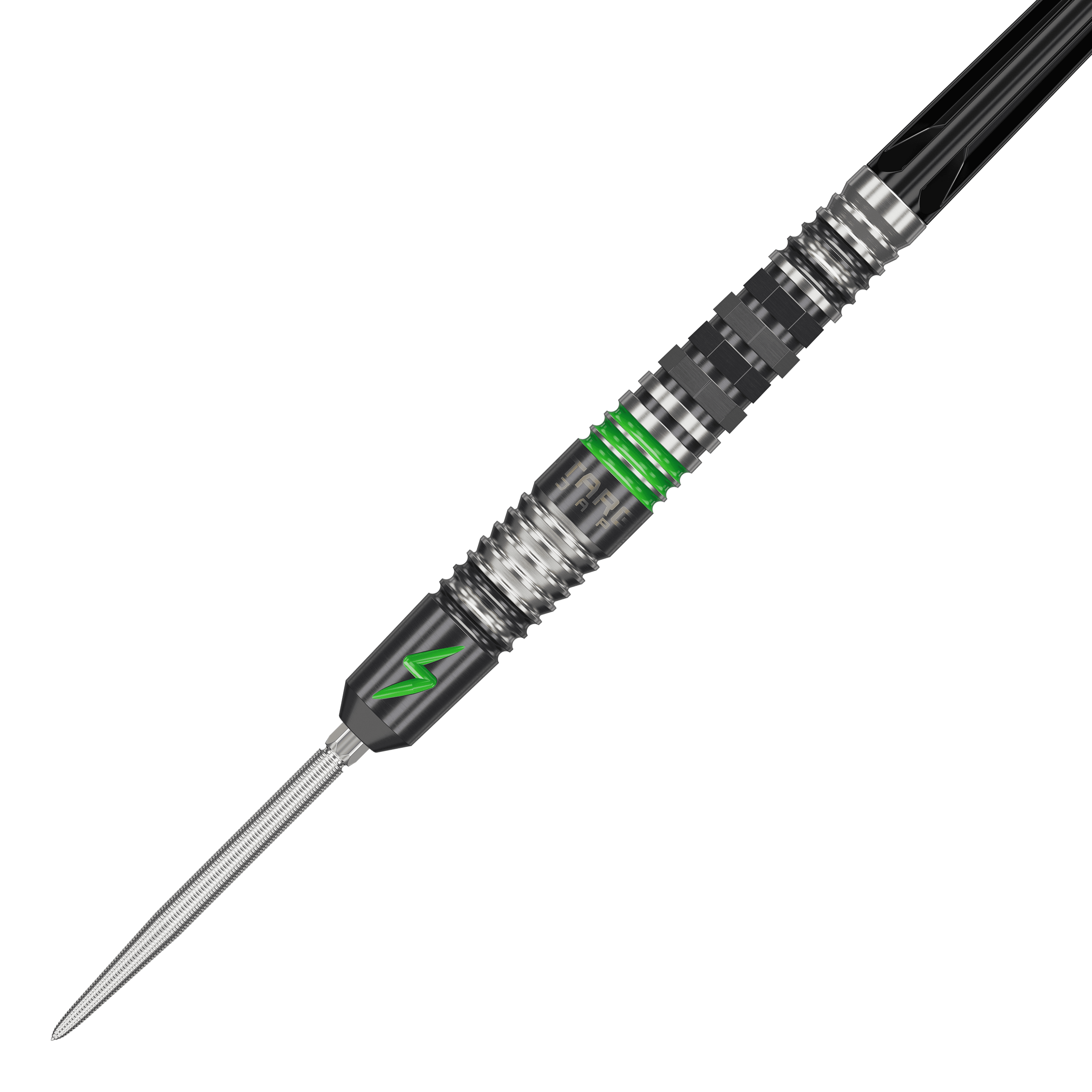 Target Japan Black Marque Lightning 3 SP steel darts Das Bild zeigt einen Target Japan Black Marque Lightning 3 SP Steeldart. Der Dartpfeil hat ein modernes Design mit schwarzen und silbernen Elementen sowie auffälligen grünen Akzenten.