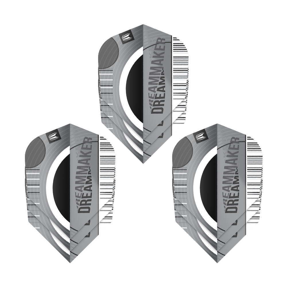 Das Bild zeigt drei Sets von Target Pro Ultra Dimitri Van Den Bergh X Echo No6 Flights. Die Flights sind grau-schwarz gestaltet und tragen den Schriftzug "DREAMMAKER".