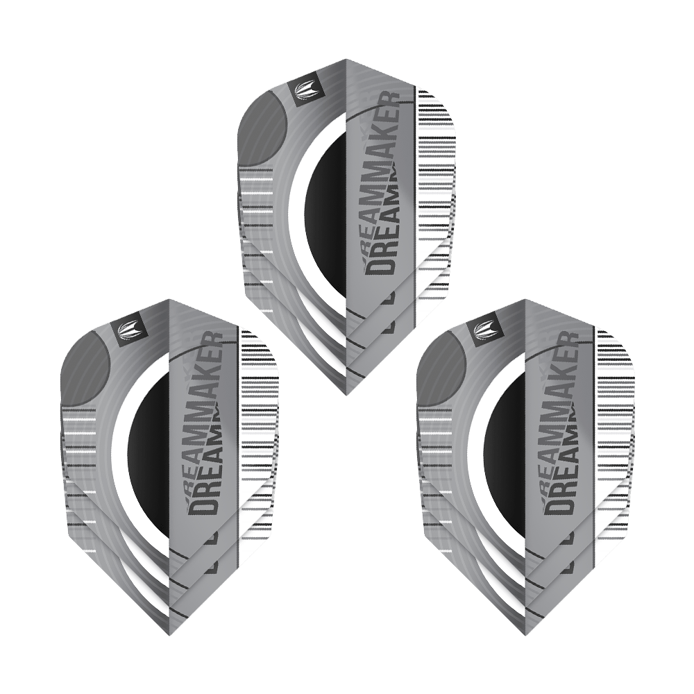 Target Pro Ultra Dimitri Van Den Bergh X Echo No6 Flights - 3 Sets Das Bild zeigt drei Sets von Target Pro Ultra Dimitri Van Den Bergh X Echo No6 Flights. Die Flights sind grau-schwarz gestaltet und tragen den Schriftzug "DREAMMAKER".