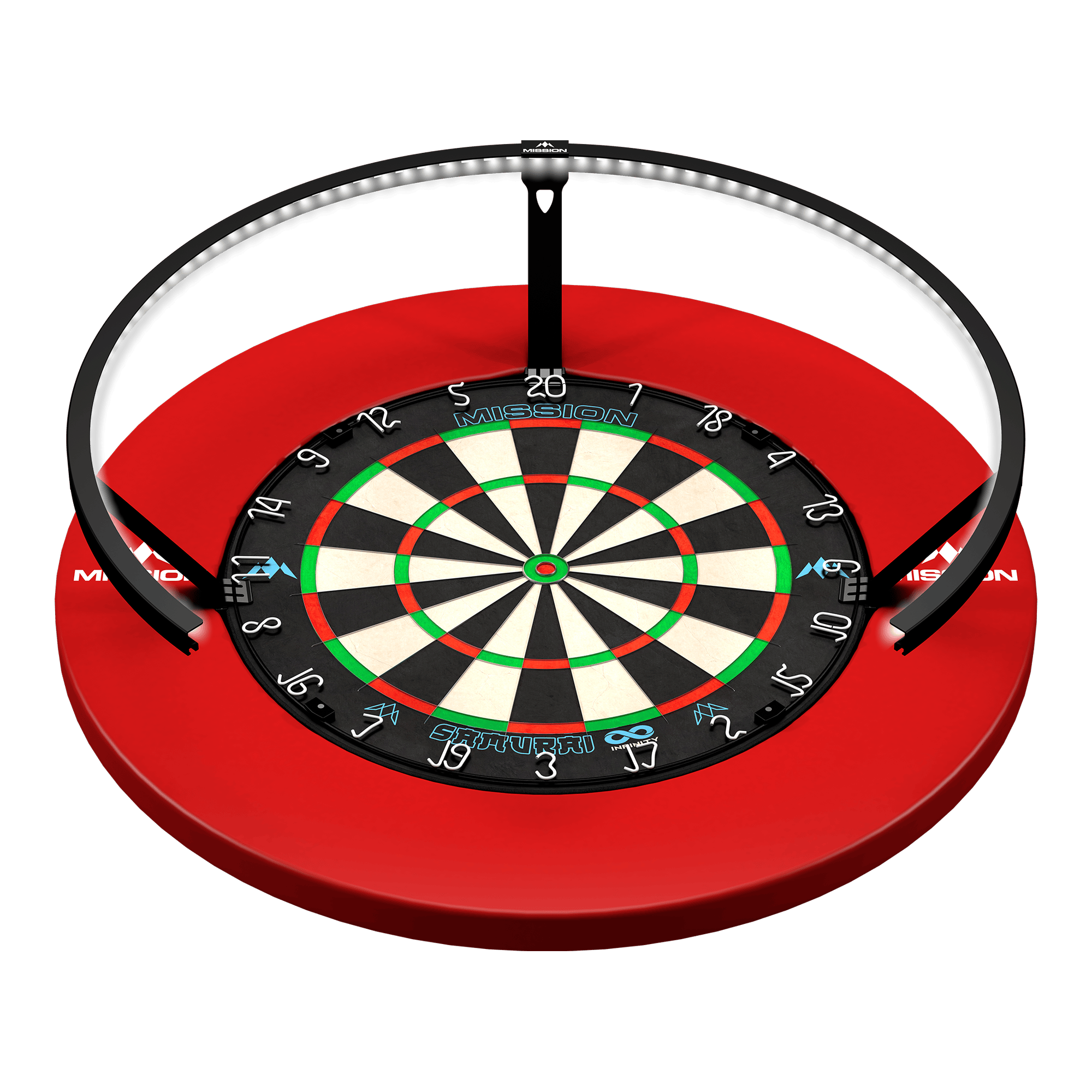 Abgebildet ist die Mission Torus 270 LED Dartboard Beleuchtung in Schwarz. Die Beleuchtung sorgt für optimale Ausleuchtung des Dartboards.