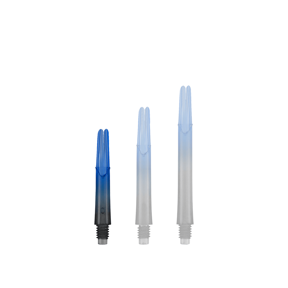 Das Bild zeigt drei unterschiedlich lange Dartschäfte in Blau und Schwarz. Sie stehen nebeneinander und haben ein gerades Design ohne Kappen.