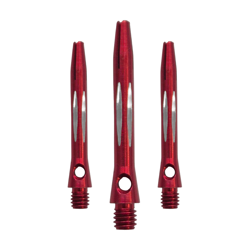 Hier sieht man den Diamond Cut Aluminium Shafts - Rot - 35mm als Set. Es sind mehrere rote Aluminium-Dartschäfte mit Diamantschliff im Set enthalten.