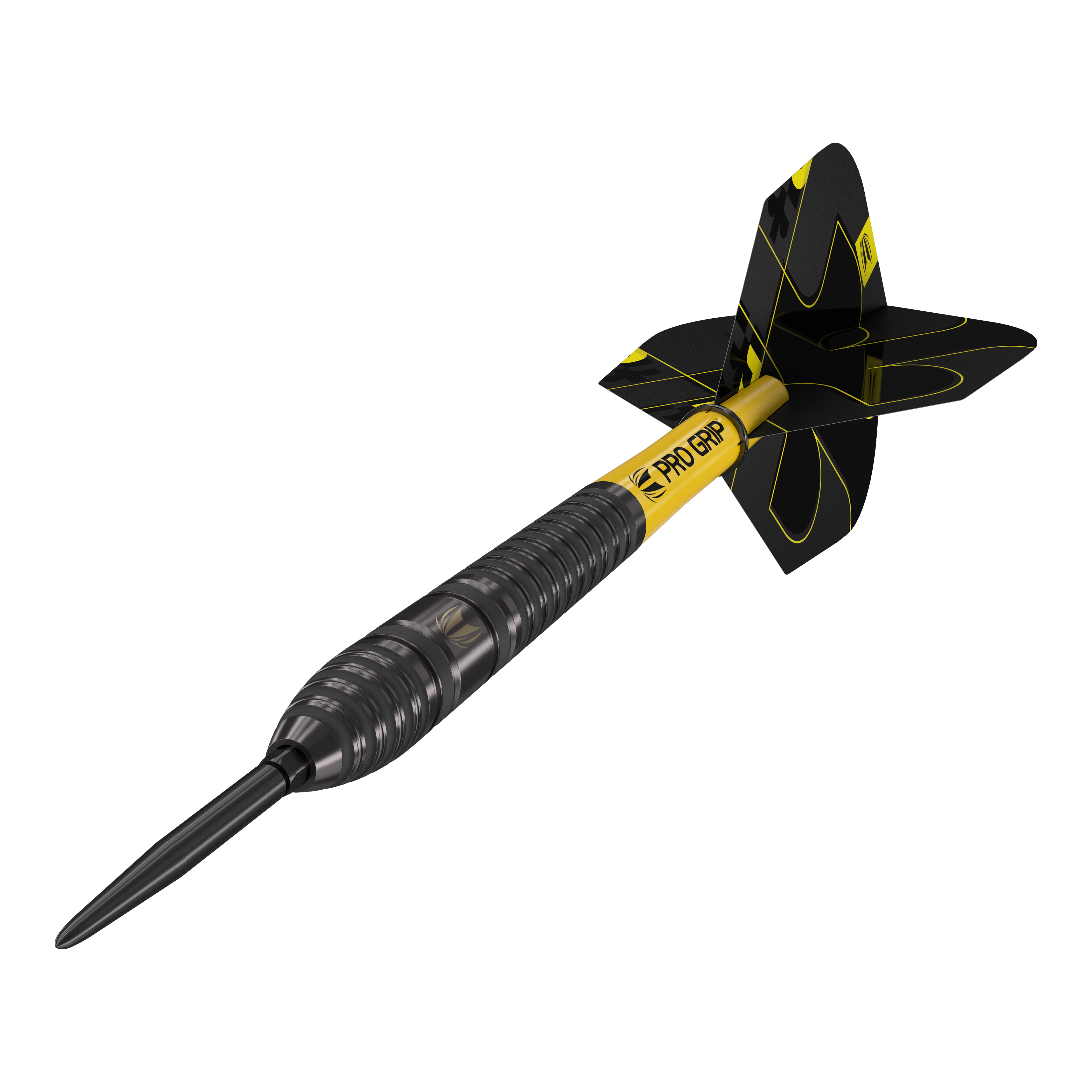 Target Bolide Void 03 Swiss Point steel darts Das Bild zeigt einen Target Bolide Void 03 Swiss Point Steeldart. Der Dart ist schwarz mit gelben Akzenten und hat den Schriftzug "Pro Grip" auf dem Schaft.