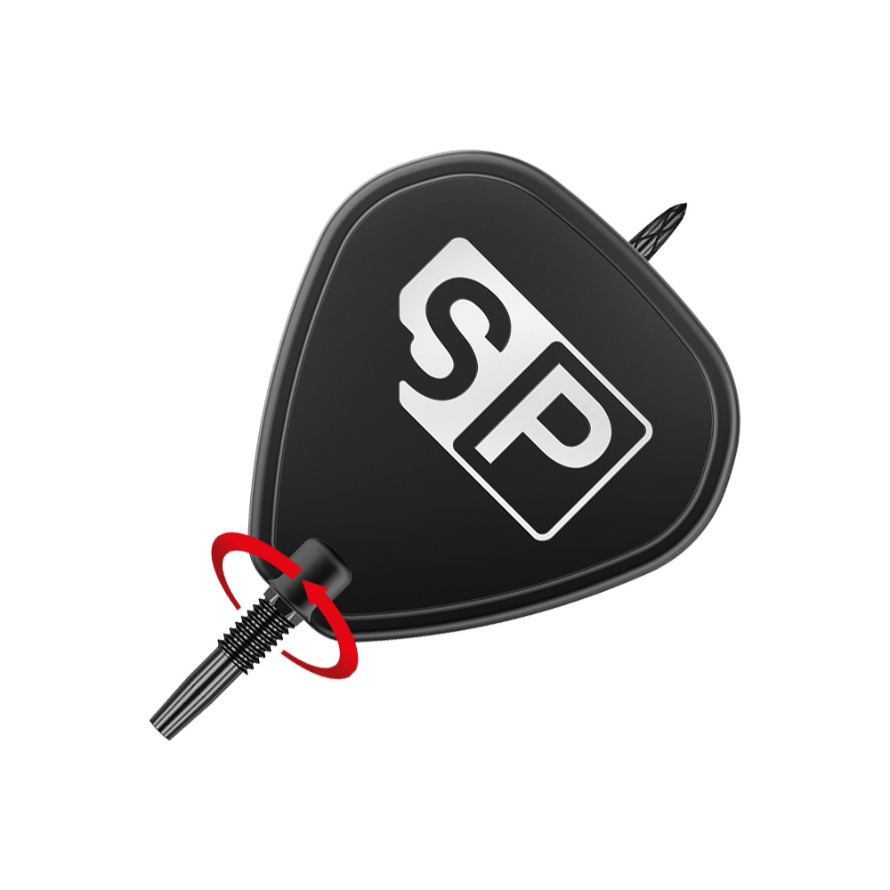 Target Swiss DS Surge Point dart tips - Black Das Bild zeigt eine schwarze Dartspitze mit der Aufschrift „SP“. Ein roter Pfeil deutet auf das Gewinde hin und zeigt, dass die Spitze eingeschraubt werden kann.