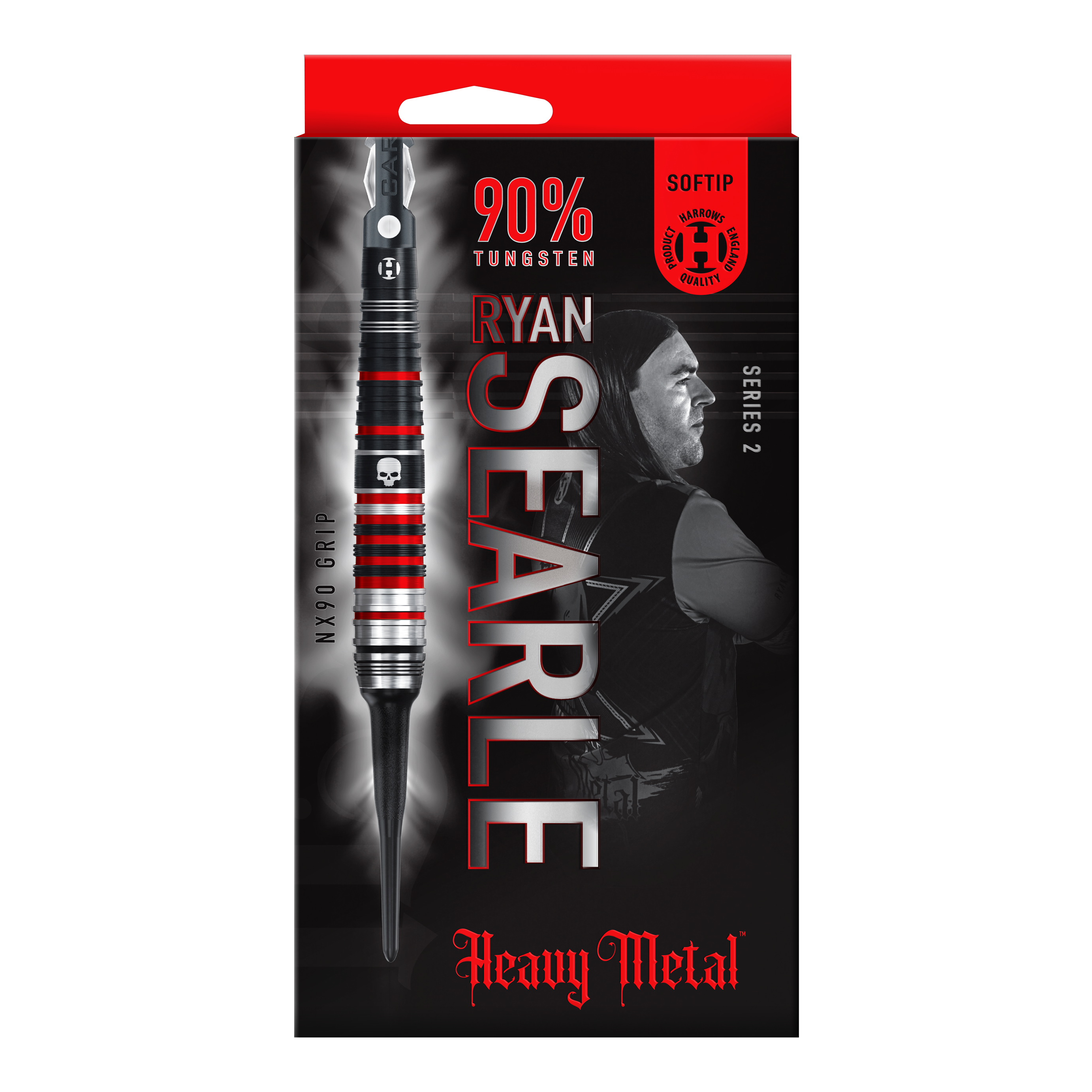 Harrow's Ryan Searle Heavy Metal Series 2 soft darts Auf dem Bild ist die Verpackung der "Harrows Ryan Searle Heavy Metal Series 2 Softdarts" zu sehen. Die Packung ist überwiegend schwarz mit roten Akzenten und zeigt einen Dartpfeil sowie das Bild eines Spielers.