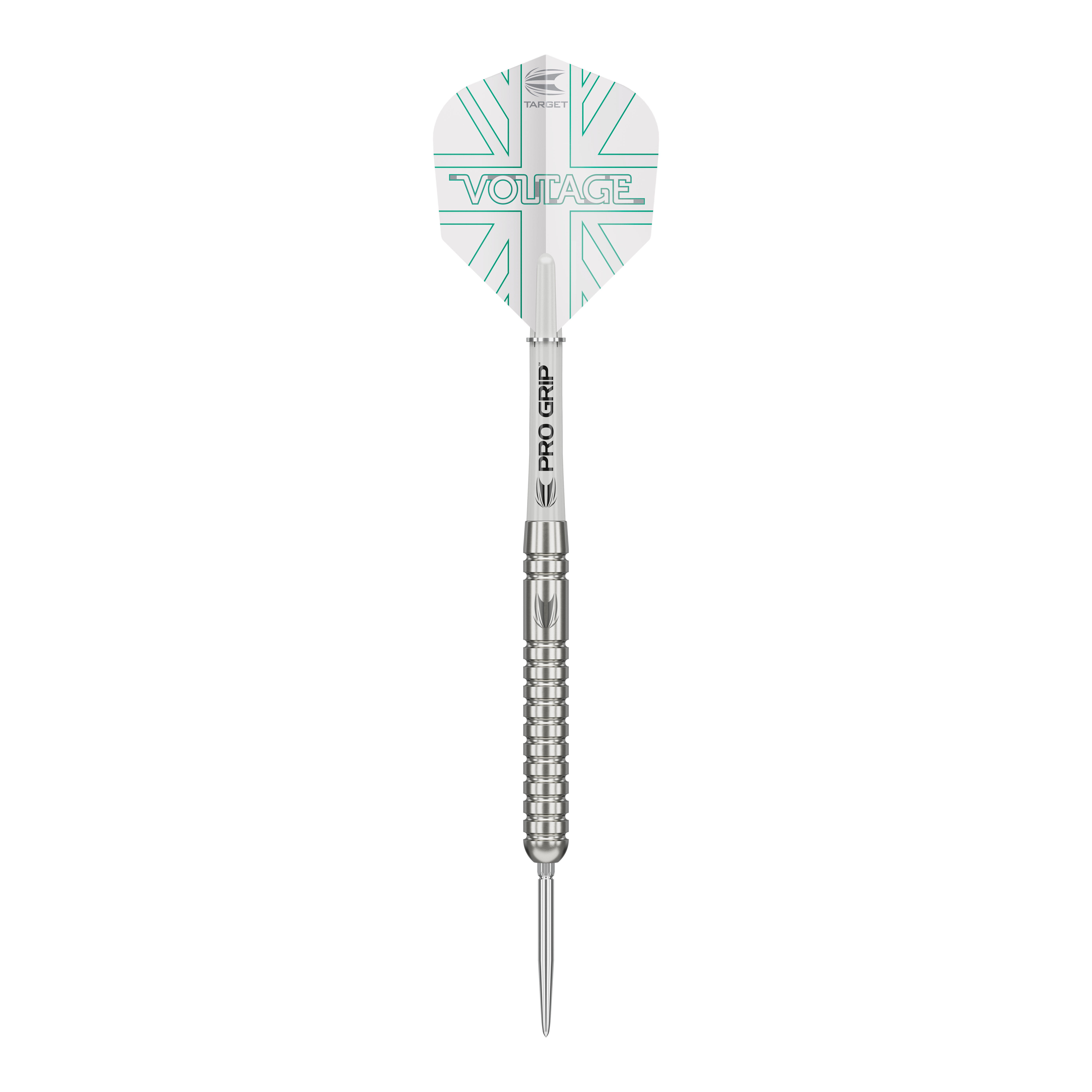 Das Bild zeigt einen Target Rob Cross Voltage Swiss Point Steeldart. Der Dart hat ein silbernes Design mit dem Schriftzug „VOLTAGE“ auf den Flights.