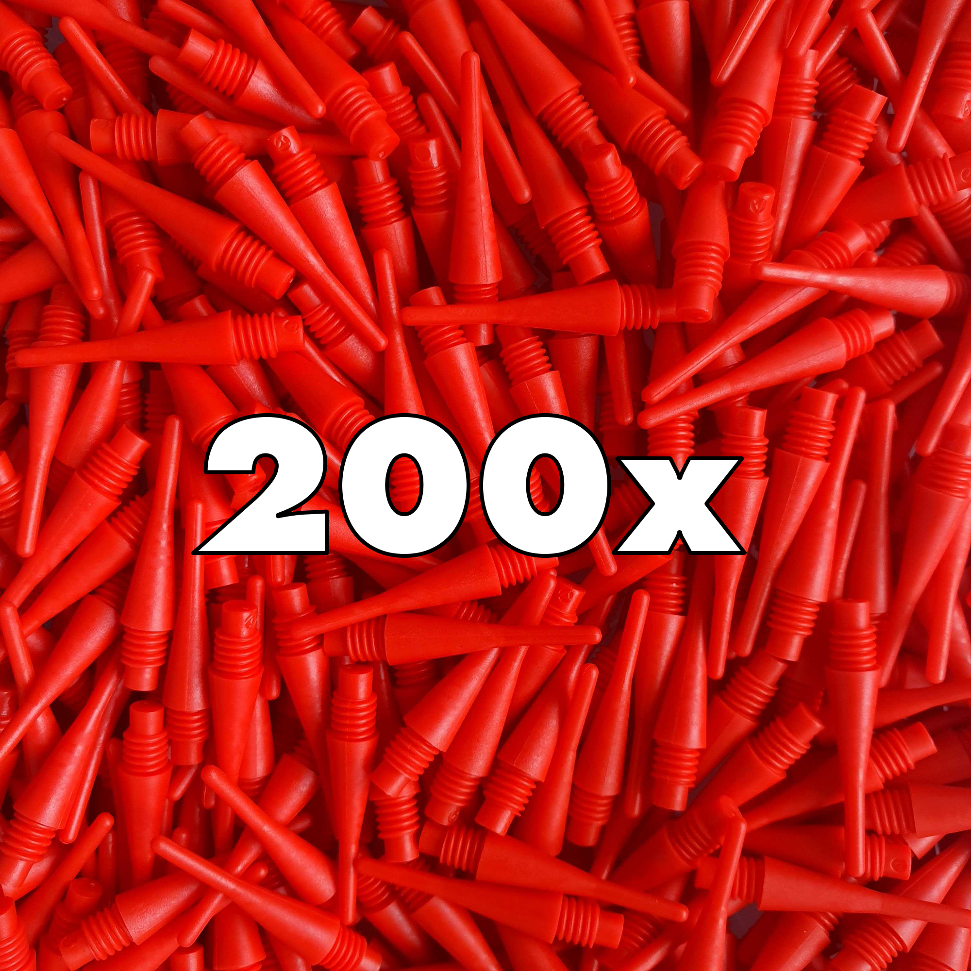 Shorties (200er Pack) - Spitzen Das Bild zeigt viele rote Softdartspitzen. In der Mitte steht groß die Zahl "200x".