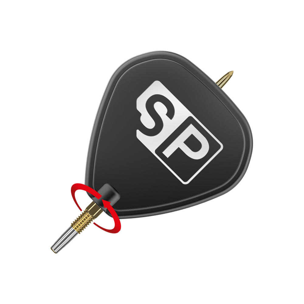 Target Swiss Point Nano Dartspitzen - Black Das Bild zeigt die Target Swiss Point GRD Gold Dartspitzen. Die Spitzen sind goldfarben und an einem schwarzen Flight mit „SP“-Logo befestigt.