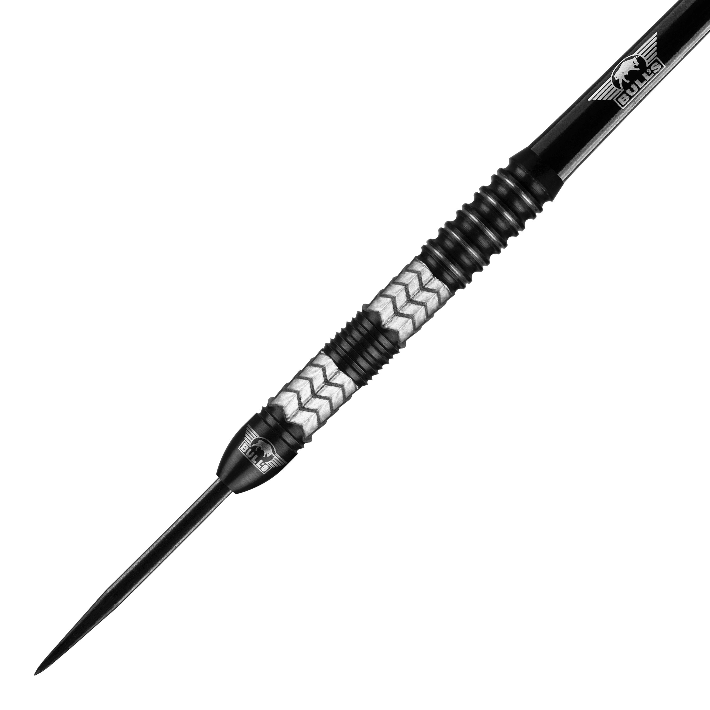 Bulls NL Luna Triton steel darts Das Bild zeigt einen Bulls NL Luna Triton Steeldart. Der Dart hat ein silbernes und schwarzes Design mit einem gezackten Muster am Griff.