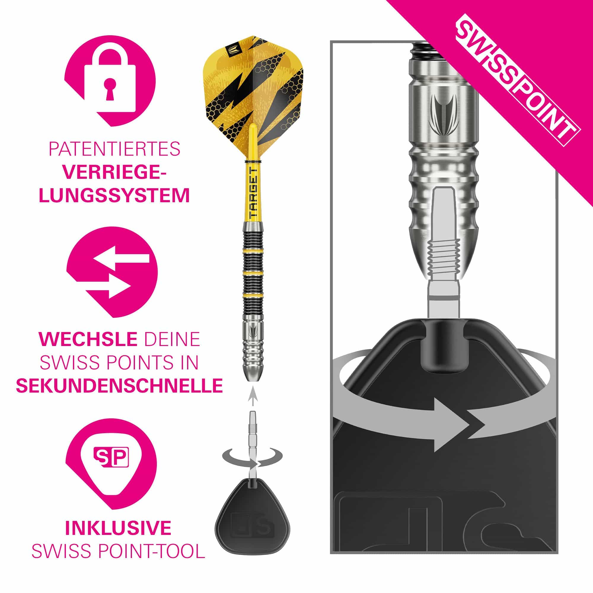 Target Buzz 02 Swiss Points steel darts Auf dem Foto sind die Target Buzz 02 Swiss Points Steeldarts zu sehen. Das Produkt wird frontal präsentiert.