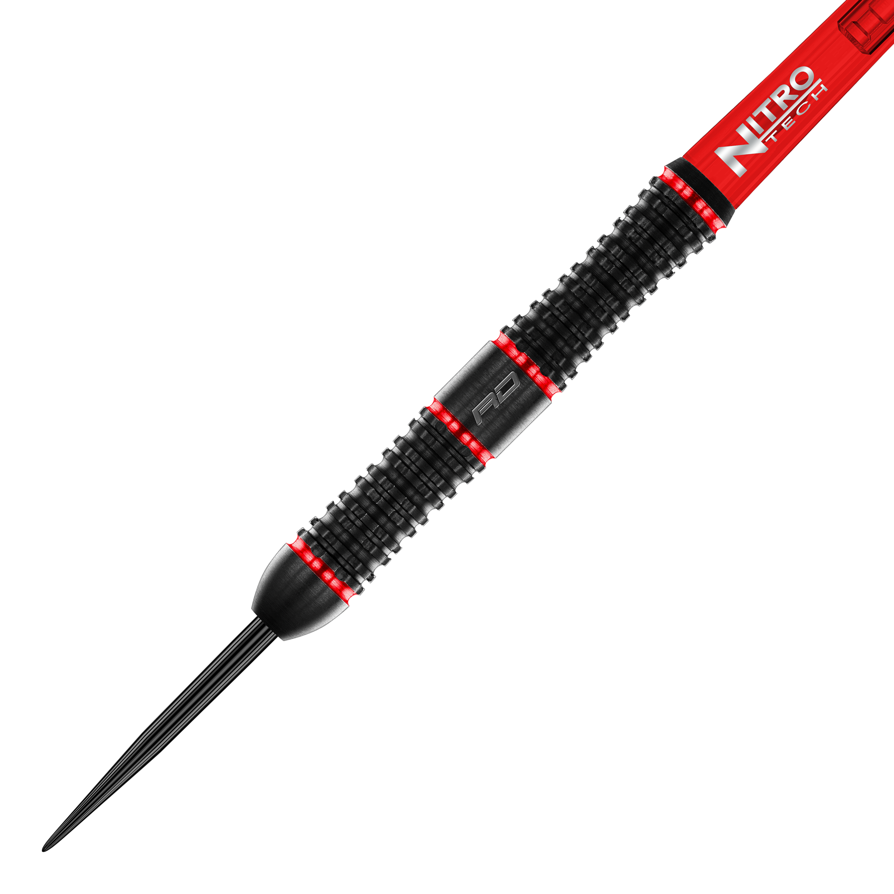Red Dragon Jason Watt Steel Darts - 22g Das Bild zeigt den "Red Dragon Jason Watt Steeldart" mit einem Gewicht von 22 Gramm. Der Dart ist überwiegend schwarz mit roten Akzenten und hat eine geriffelte Griffoberfläche.