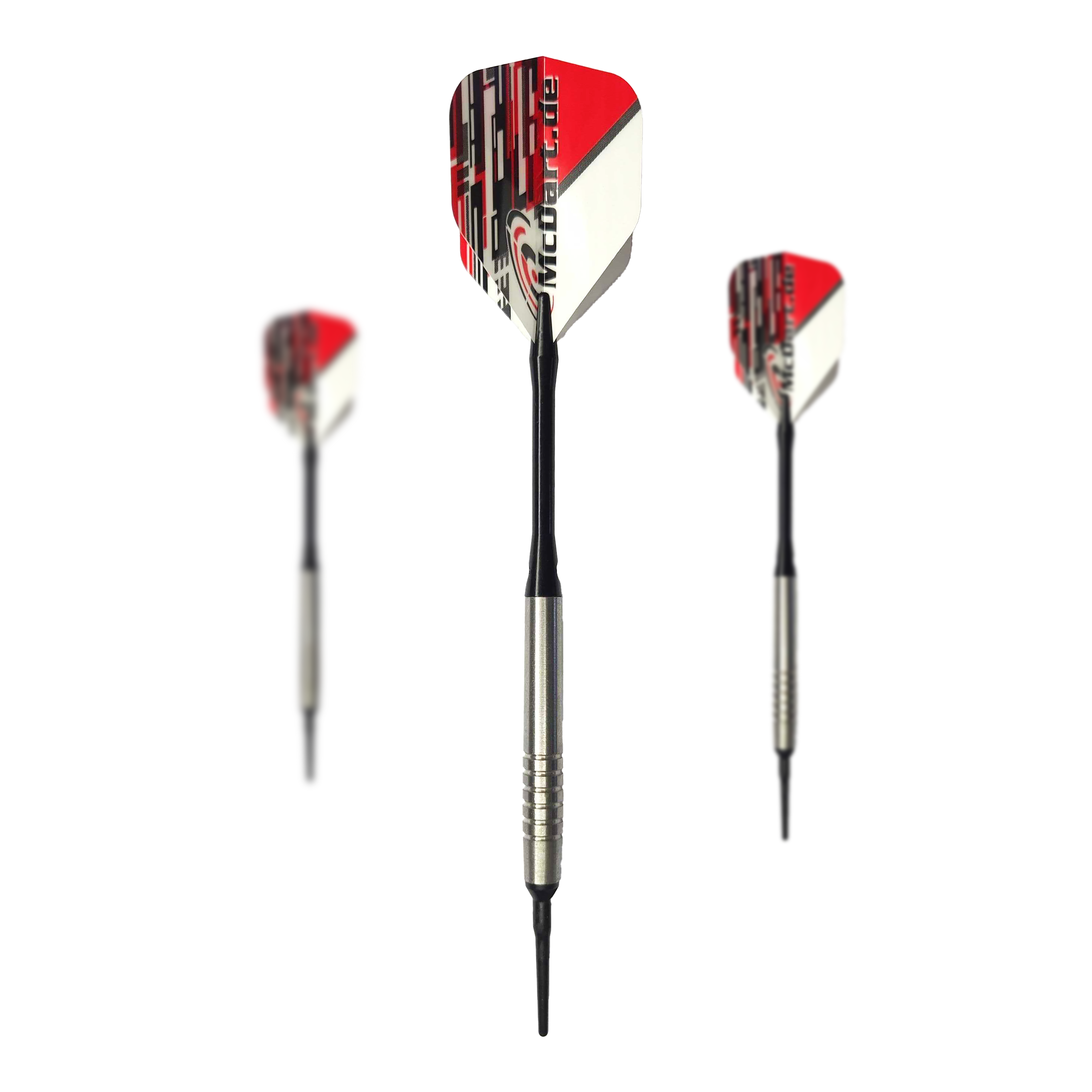 McDart 85 Tungsten V14 Soft Darts - 17g Das Bild zeigt drei Softdarts des Modells "McDart 85er Tungsten V14" mit einem Gewicht von 17g. Die Darts haben silberne Barrels und Flights in Rot, Weiß und Schwarz.