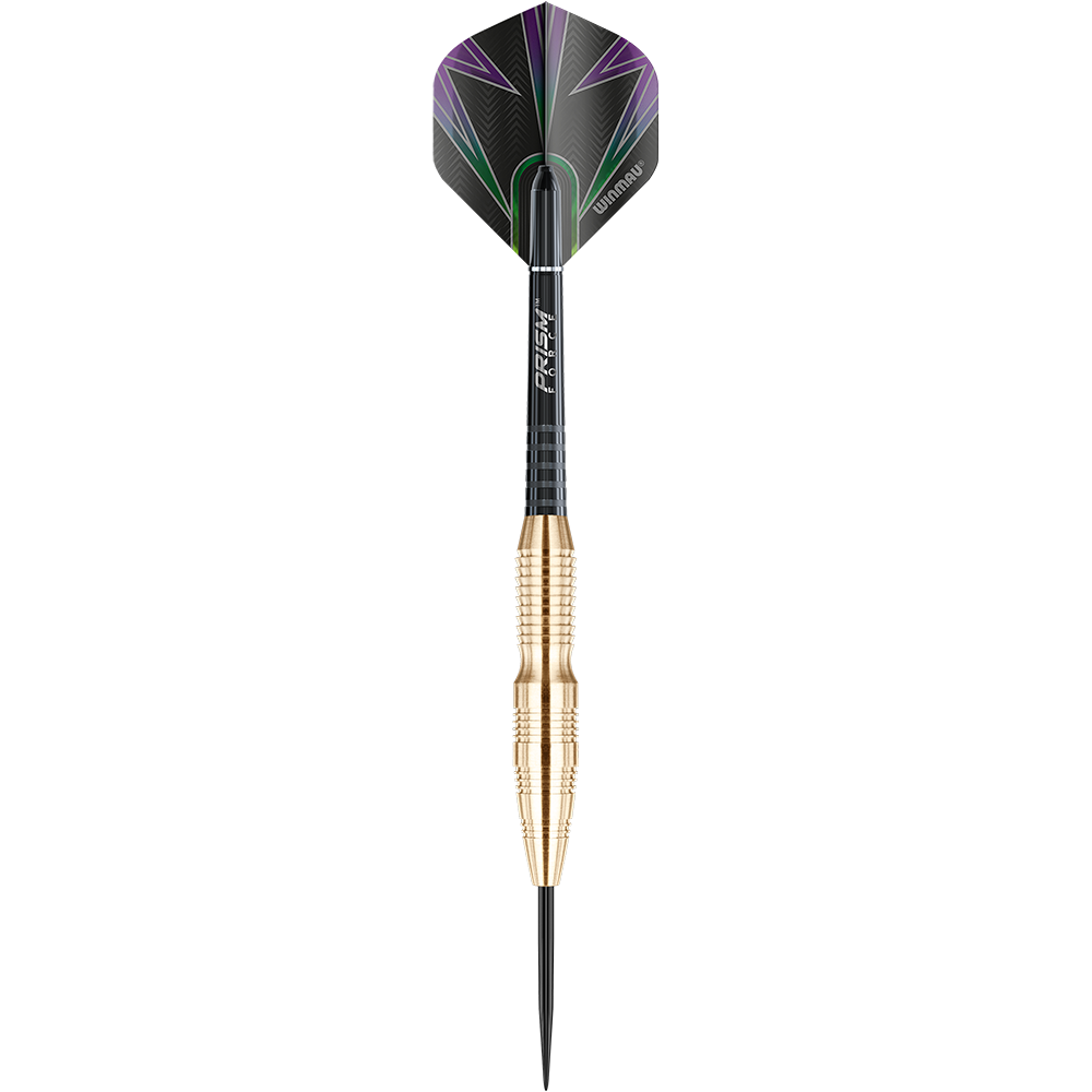 1224_Winmau_Simon_Whitlock_Brass_Steeldarts_1C5xuuCdsfzTQN Das Bild zeigt einen Winmau Simon Whitlock Brass Steeldart. Der Dart hat einen goldfarbenen, geriffelten Schaft und schwarze Flights mit lila und grünen Akzenten.