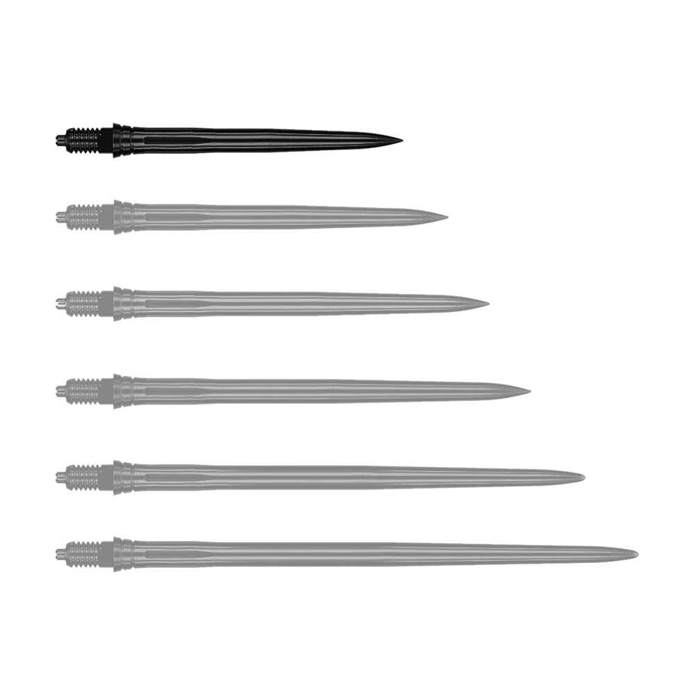 Das Bild zeigt schwarze Dartspitzen mit glatter Oberfläche, vermutlich 28 mm lang. Die Datei trägt den Namen EVO181_Caliburn_EZ-EVO_Dartspitzen_Smooth_Schwarz_28mm_1.