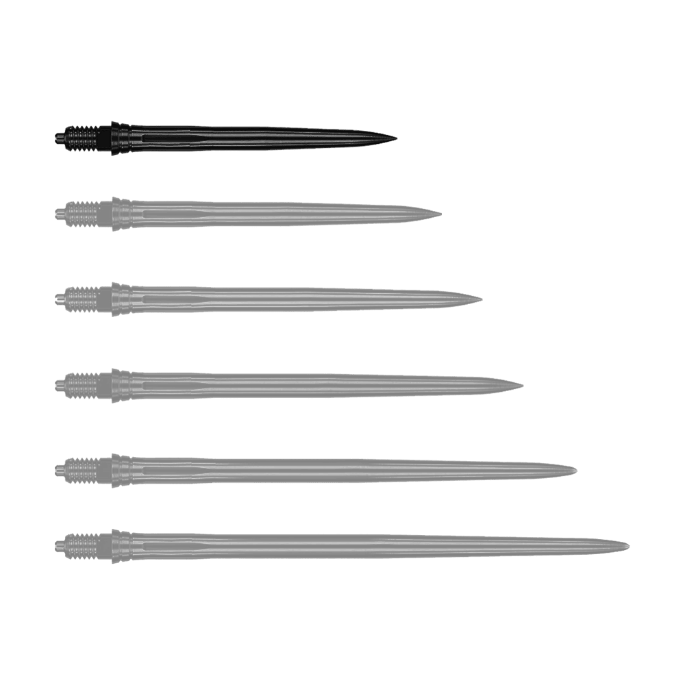 Caliburn EZ-EVO Dart Tips - Smooth - Black Das Bild zeigt schwarze Dartspitzen mit glatter Oberfläche, vermutlich 28 mm lang. Die Datei trägt den Namen EVO181_Caliburn_EZ-EVO_Dartspitzen_Smooth_Schwarz_28mm_1.