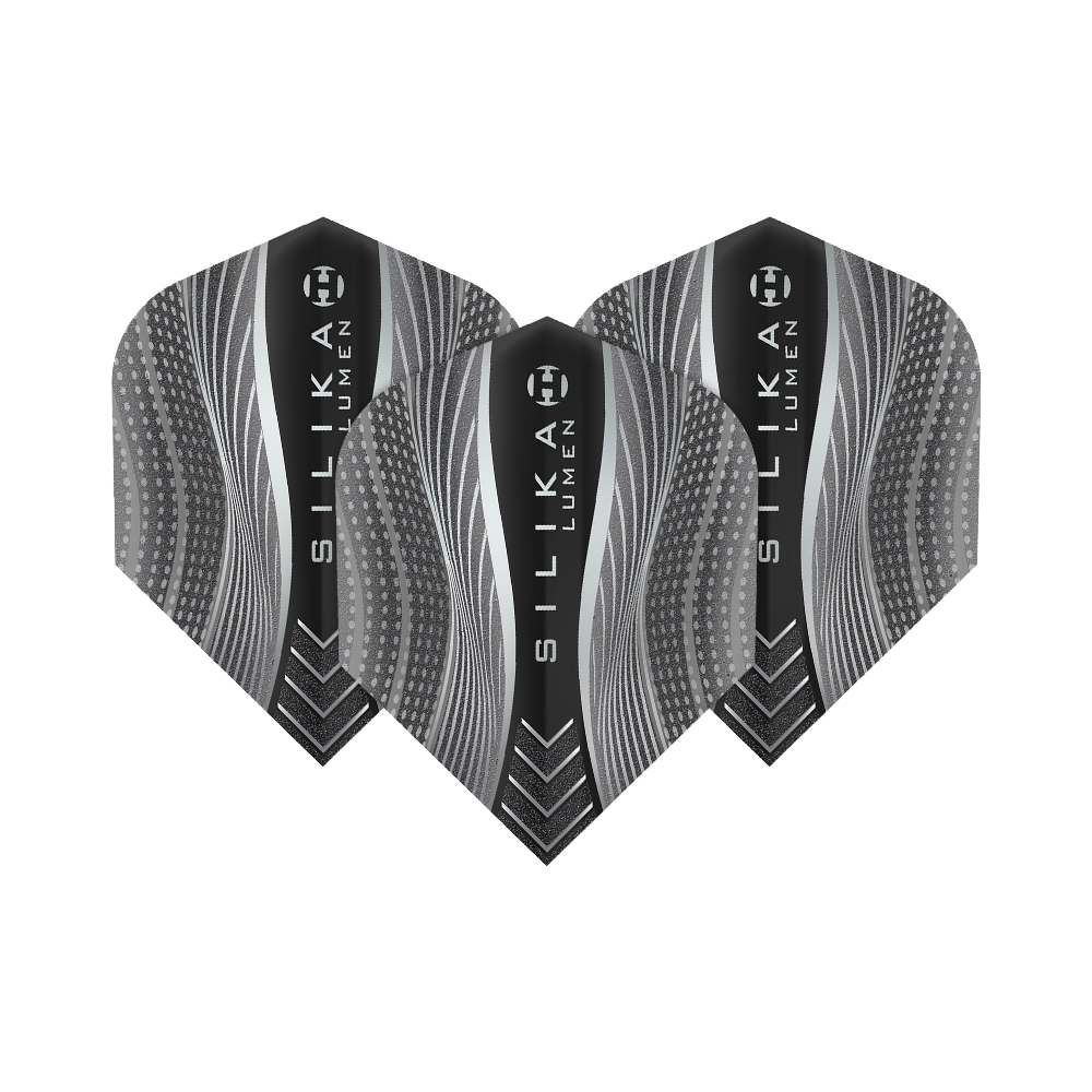 HF5127_Harrows_Silika_Lumen_Black_No6_Flights_1 Das Bild zeigt drei schwarze Dart-Flights mit dem Namen "Harrows Silika Lumen Black No6". Die Flights haben ein modernes, grafisches Muster mit wellenförmigen Linien und Punkten.