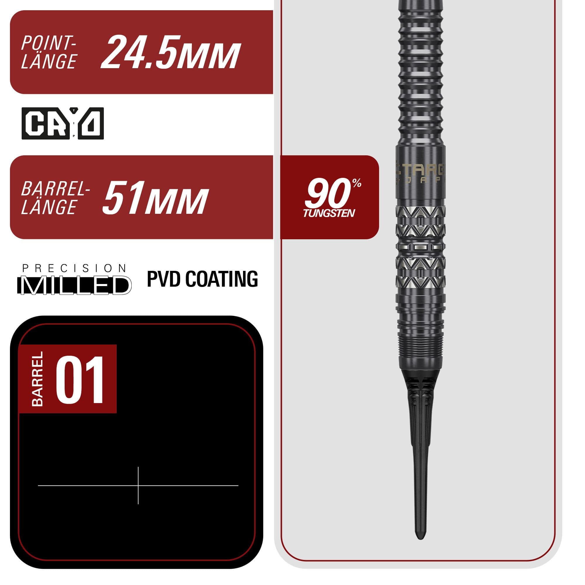 Target Black Marque Creed Soft Darts - 21.5g Die Target Black Marque Creed Softdarts mit 21,5g sind auf diesem Foto zu sehen. Sie werden deutlich und von der Seite präsentiert.