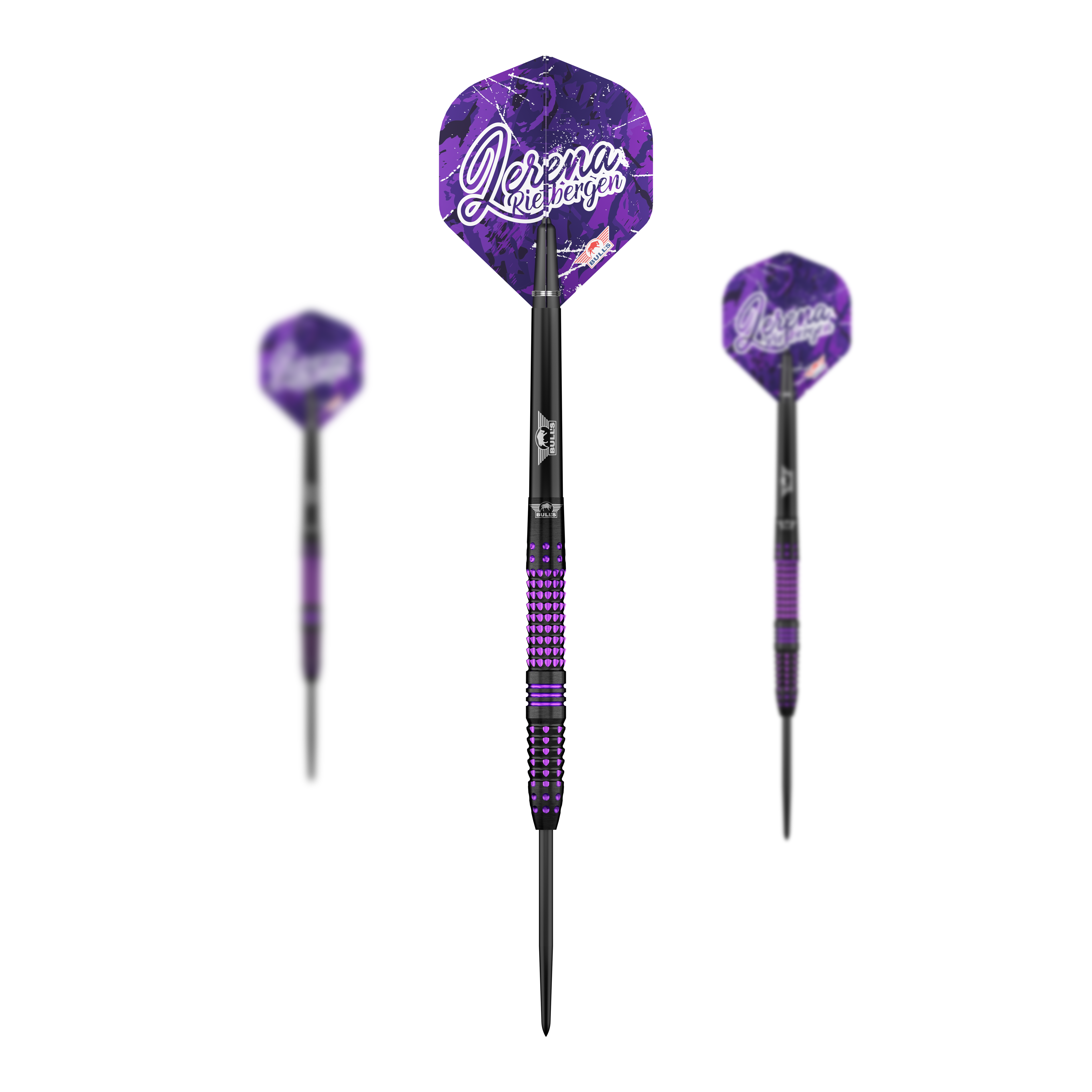 Bulls NL Lerena Rietbergen steel darts - 24g Auf dem Bild sieht man das Set der Bulls NL Lerena Rietbergen Steeldarts - 24g. Die Steeldarts werden vollständig präsentiert.