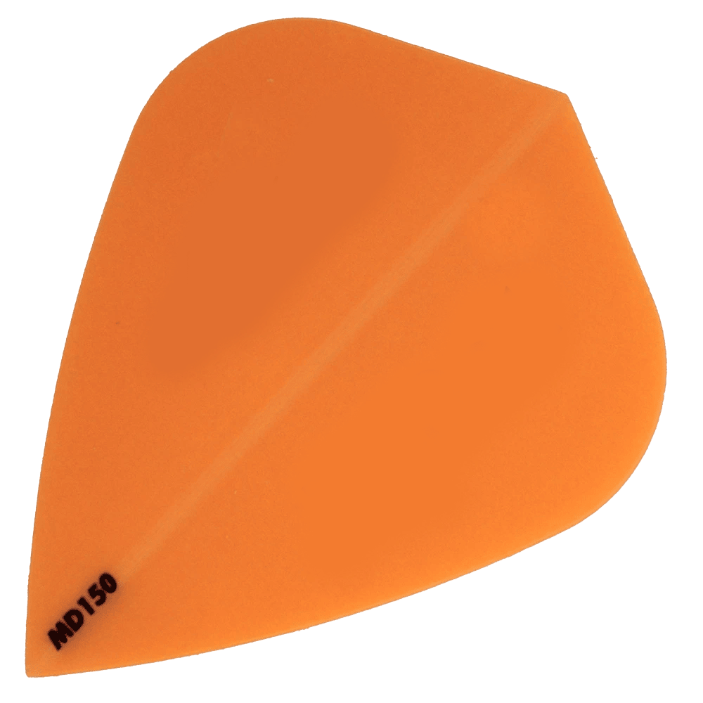 Das Bild zeigt das Produkt "McDart MD150 - Kite Flight", eine orangene Dart-Flugfeder. In der unteren linken Ecke steht die Bezeichnung "MD150".