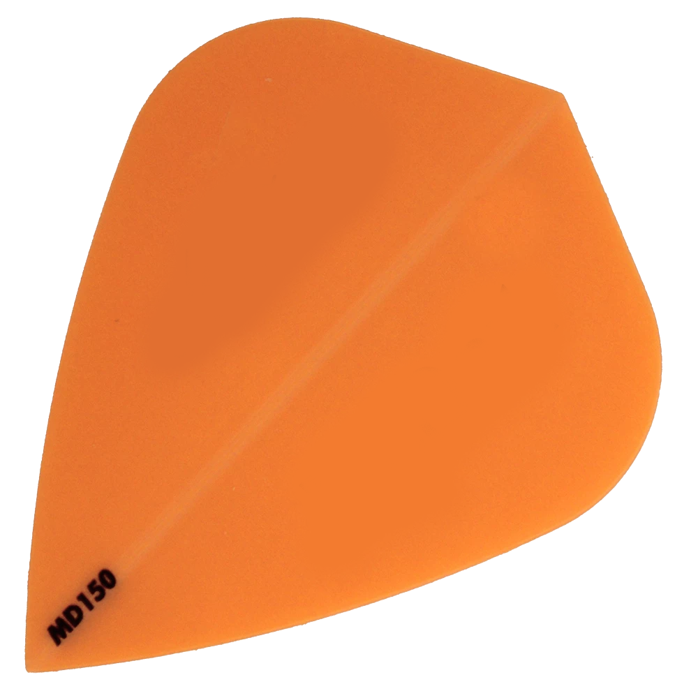 MD150-Kite-Orange Das Bild zeigt das Produkt "McDart MD150 - Kite Flight", eine orangene Dart-Flugfeder. In der unteren linken Ecke steht die Bezeichnung "MD150".