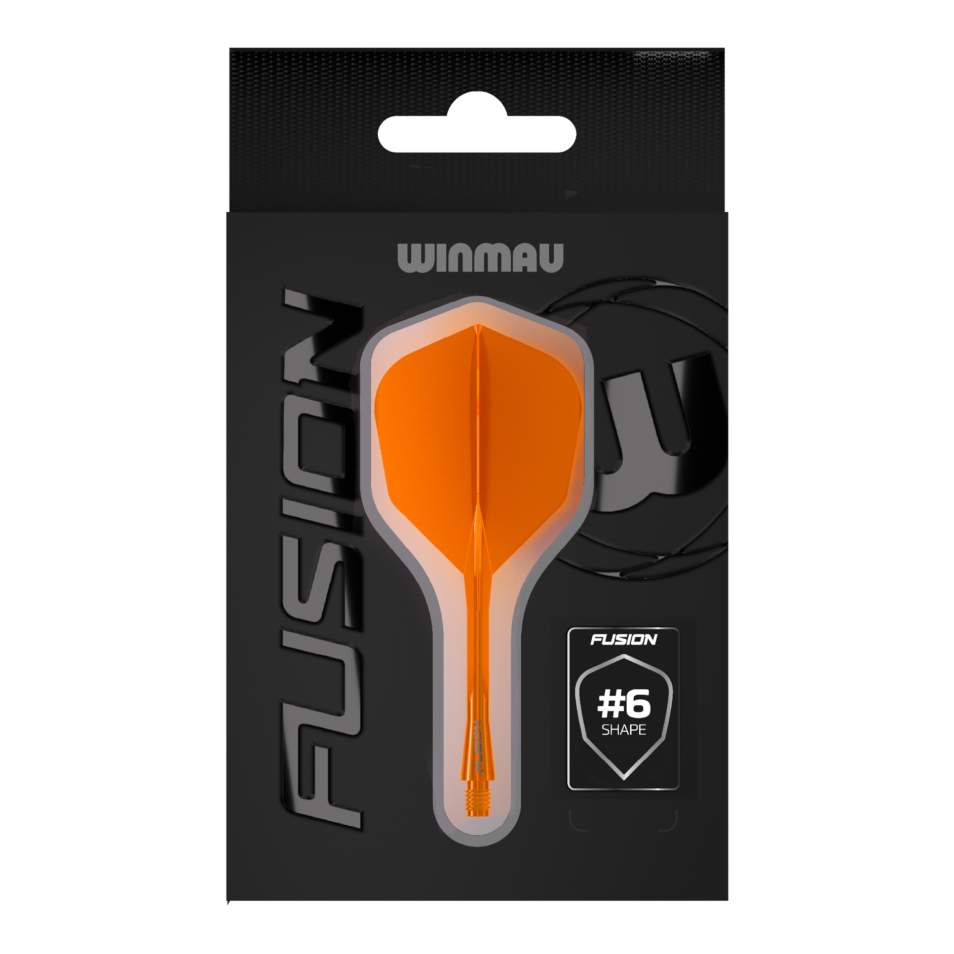 Das Bild zeigt das Winmau Fusion Flight-Shaft-System No6 in Neon Orange. Dieses System verbindet Flight und Shaft zu einer stabilen Einheit für Dartpfeile.