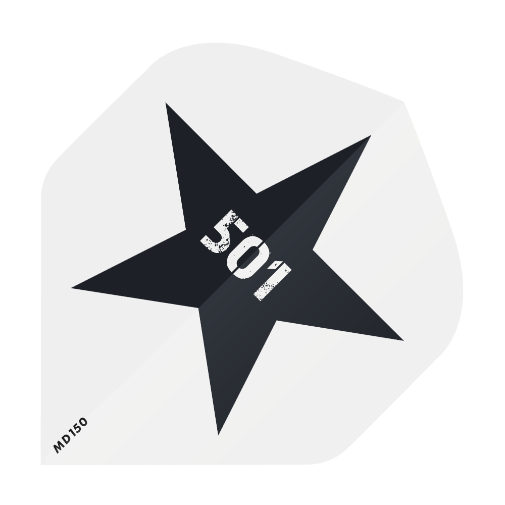 MD-201-Log_2-Seitig_Bedruckte_Flights_Logo_MD150_3 Das Bild zeigt einen schwarzen Stern auf weißem Hintergrund. In der Mitte des Sterns steht die Zahl "501" in weißer, abgenutzter Schrift.