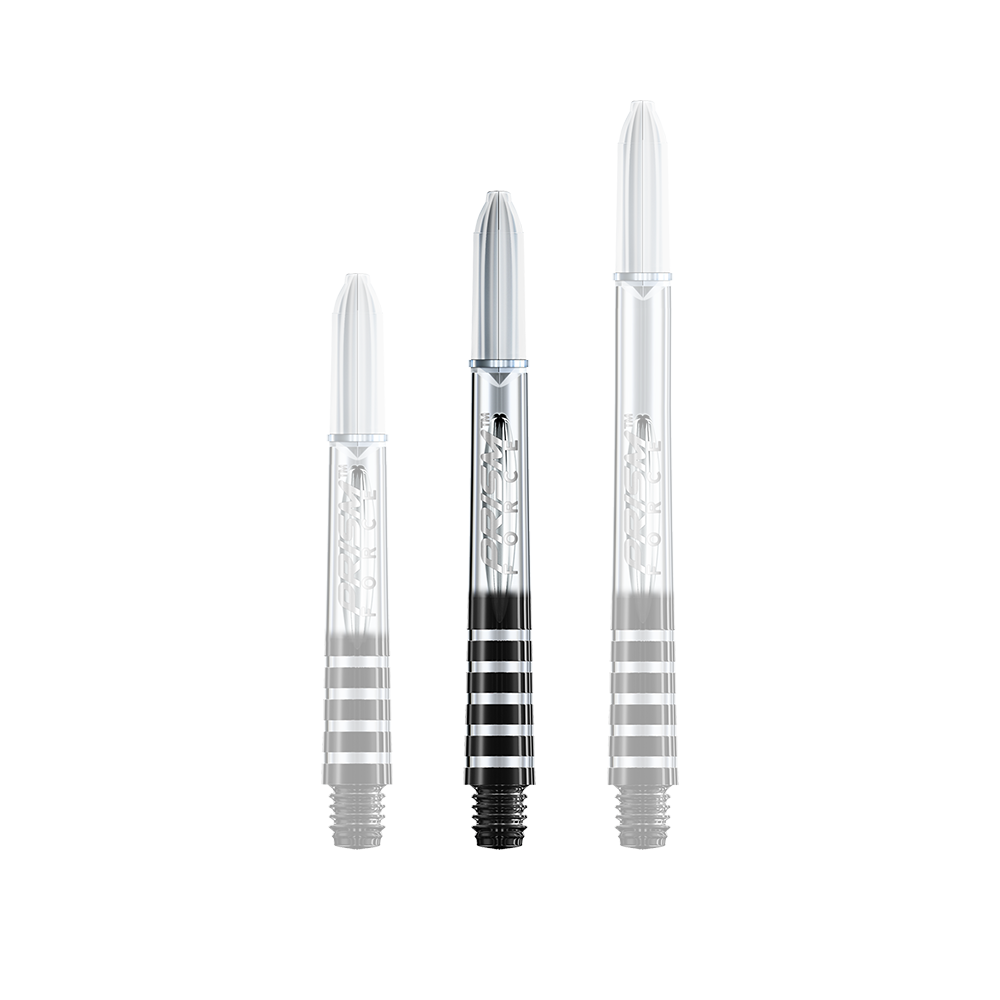 7020-406_Winmau_Prism_Force_Shafts_Clear_41mm_1EgEq2hcmzGYBo Das Bild zeigt drei durchsichtige Dartschäfte mit schwarzen Akzenten. Sie stehen nebeneinander in unterschiedlichen Längen.
