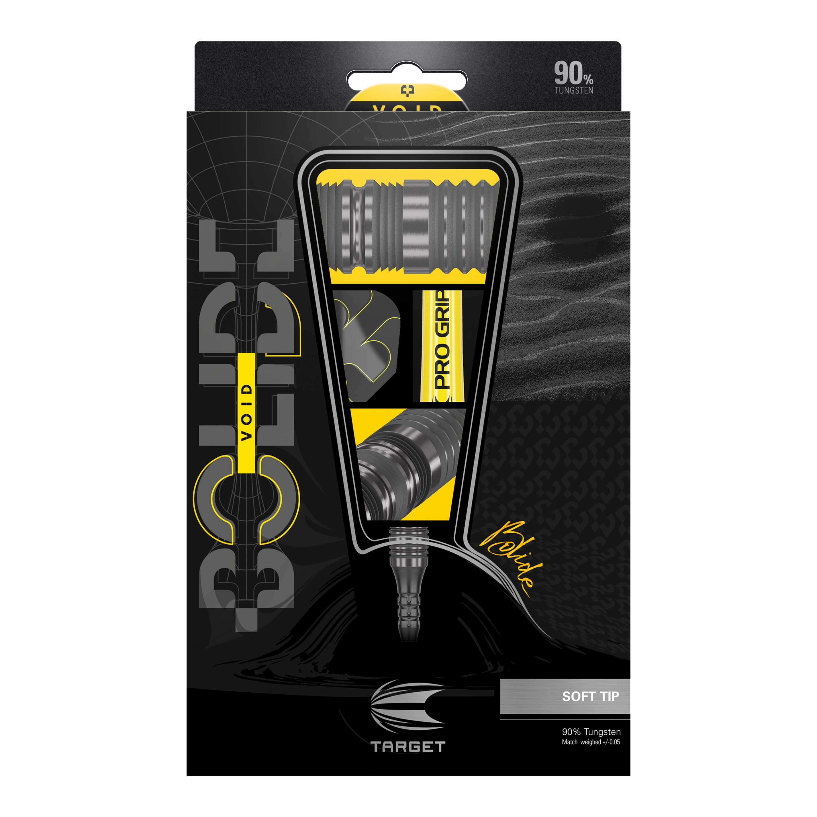 Target Bolide Void 10 soft darts Das Bild zeigt die Verpackung der "Target Bolide Void 10 Softdarts". Die Verpackung ist schwarz-gelb gestaltet und hebt die Darts mit 90% Tungsten-Anteil hervor.