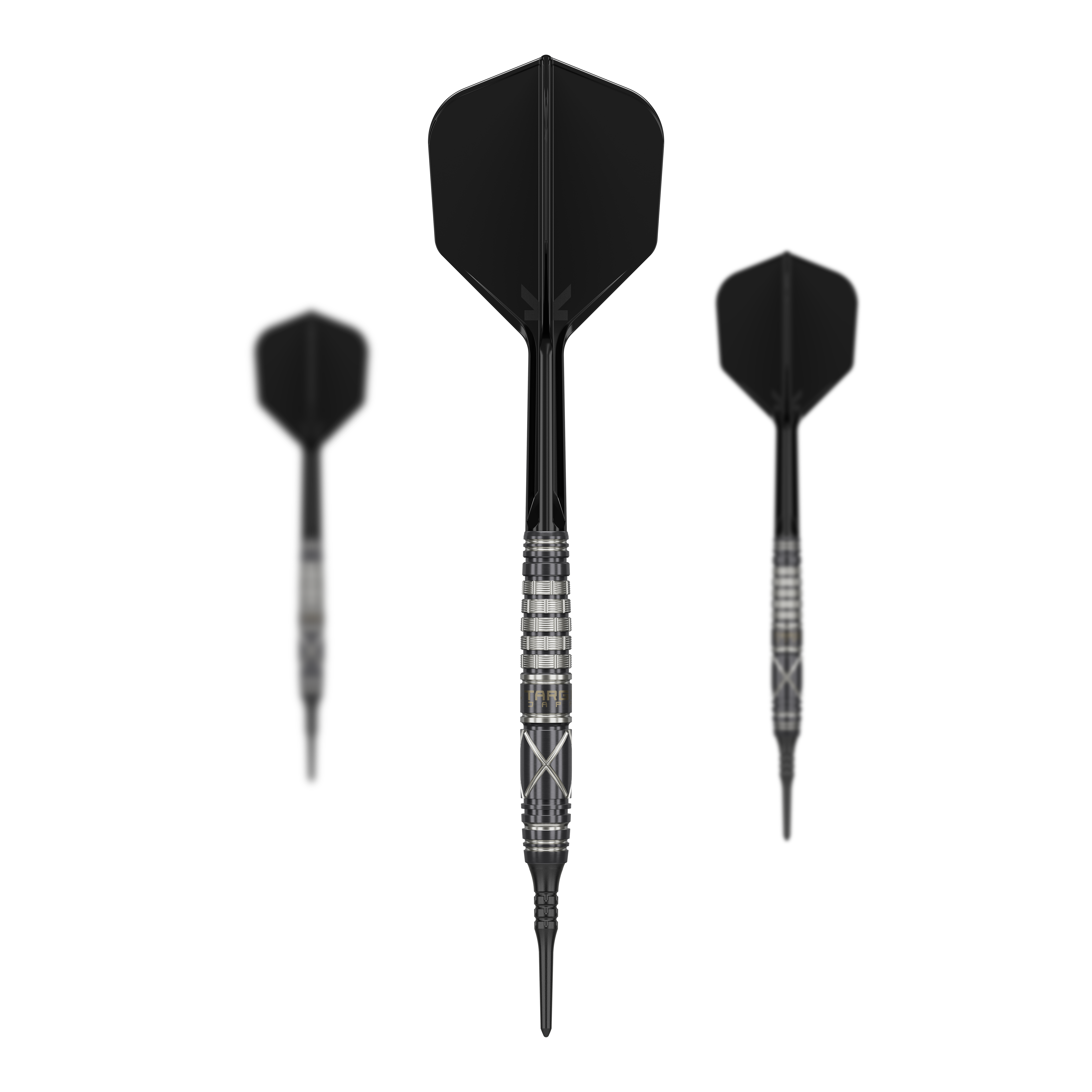 Target Japan Black Marque Chaos 2 Soft Darts - 19g Das Bild zeigt drei schwarze Softdarts mit silbernen Ringen und markantem Design. Die Darts sind das Modell "Target Japan Black Marque Chaos 2" mit einem Gewicht von 19 Gramm.