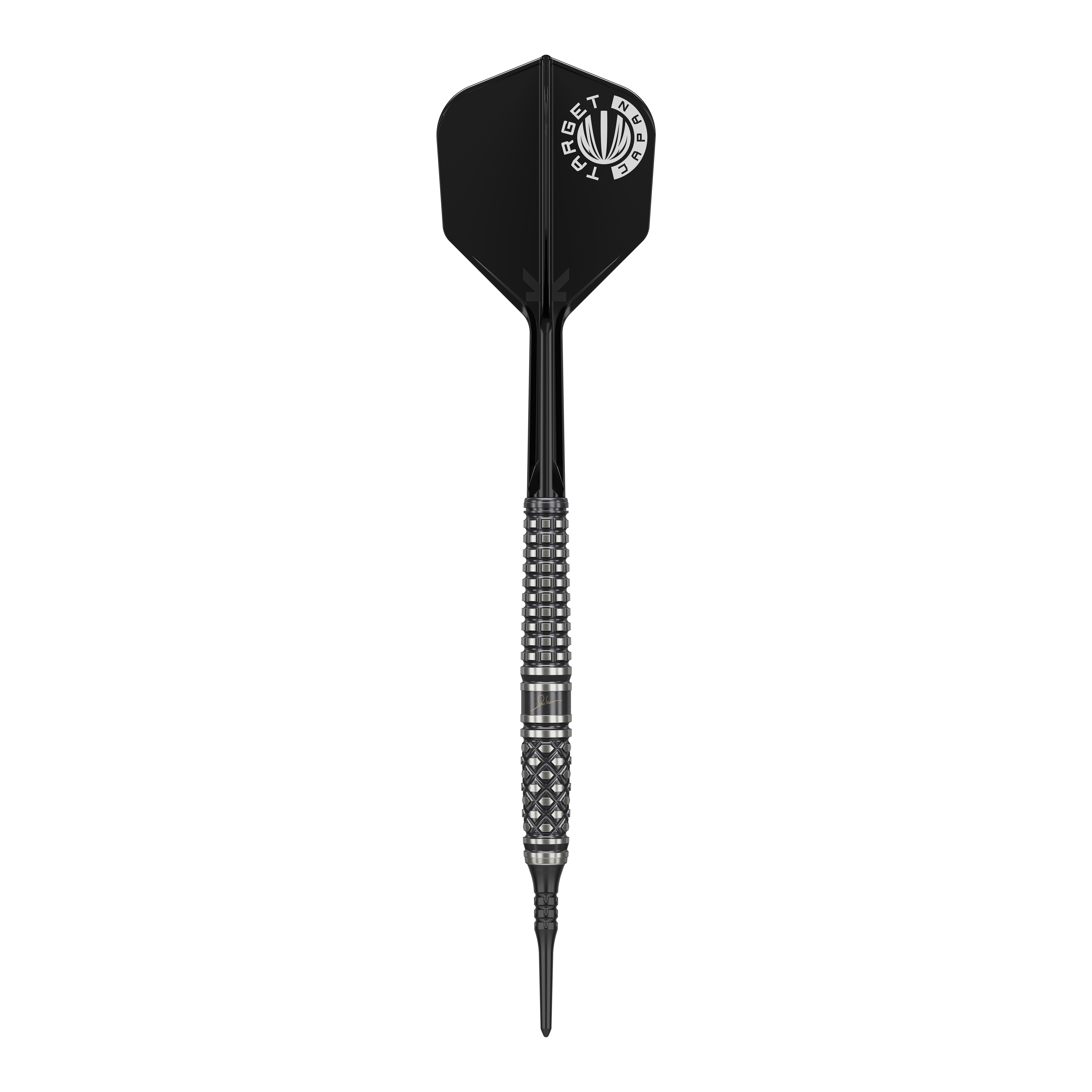 Target Japan Paul Lim The Legend GEN8 Soft Darts - 19g Das Bild zeigt einen Softdart mit schwarzer Spitze, silbernem, strukturiertem Barrel und schwarzer Flight. Auf dem Flight steht in Weiß „TARGET JAPAN“.