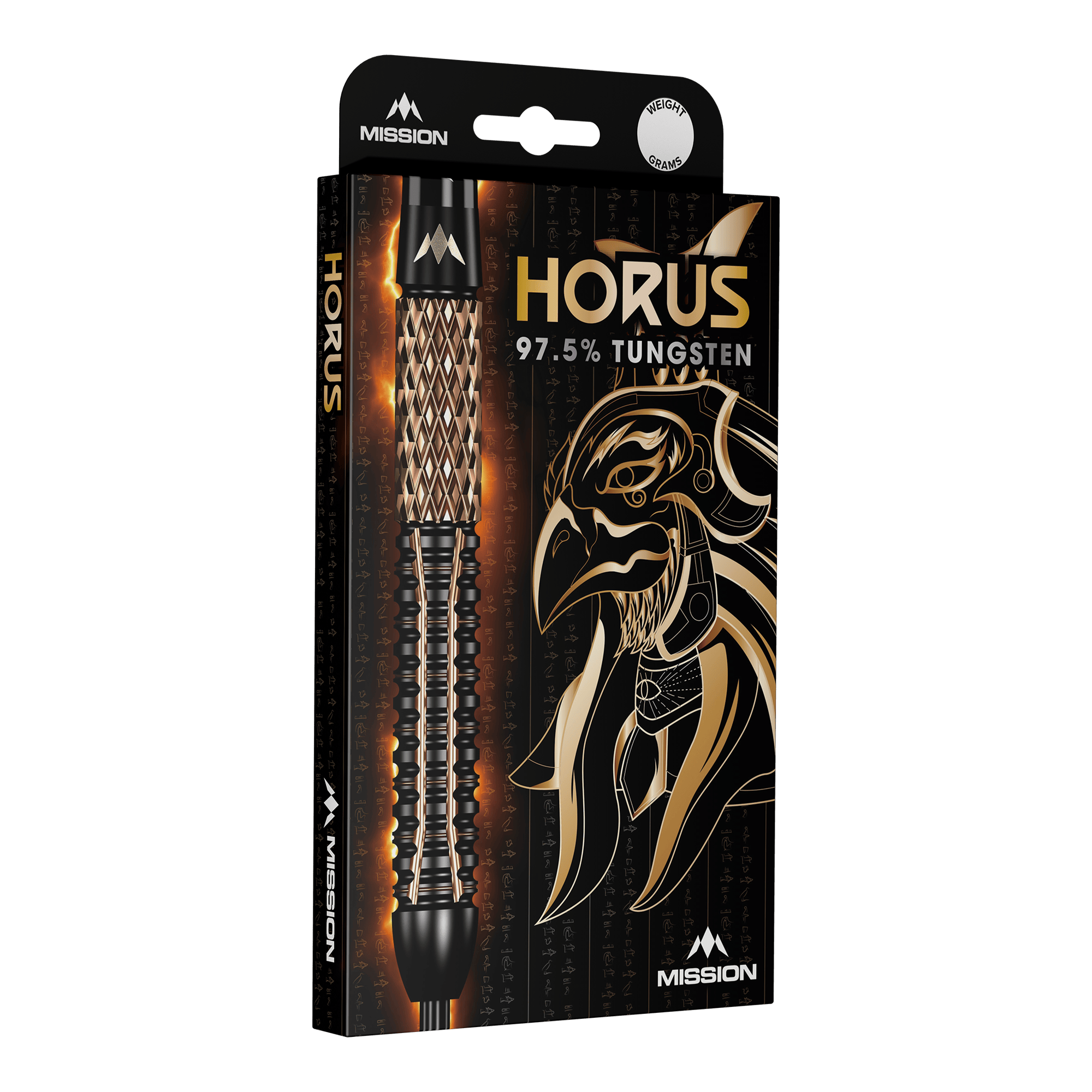 Mission Horus Steeldarts Die Verpackung zeigt die Mission Horus Steeldarts mit einem stilisierten Horus-Kopf im Hintergrund. Auf der Packung steht, dass die Darts aus 97,5 % Tungsten bestehen.