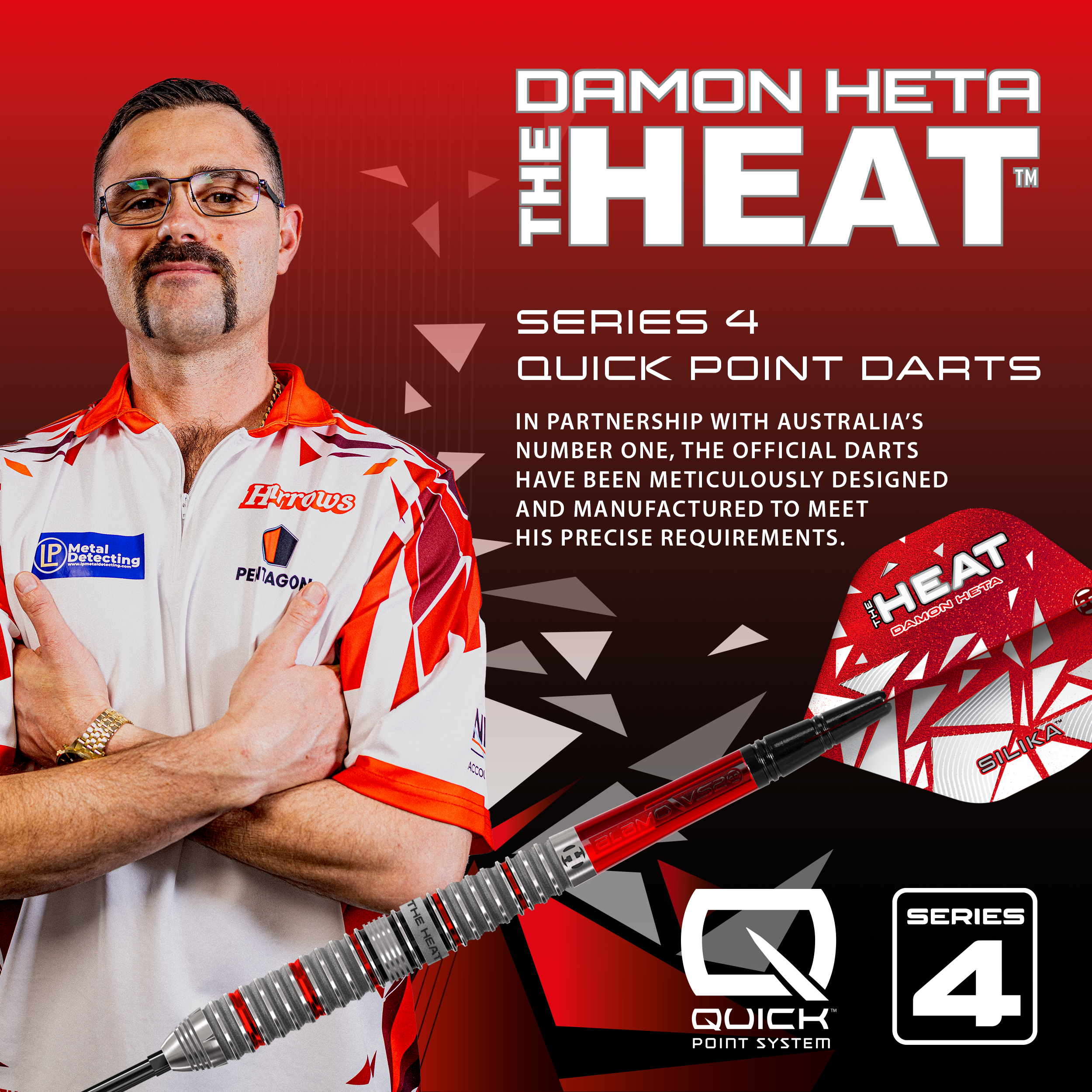 Hier sind die Harrows Damon Heta Series 4 Quick Point Steeldarts abgebildet. Die Darts sind auf weißem Hintergrund dargestellt.
