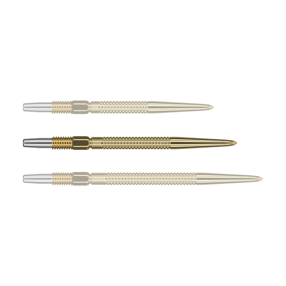 Target Swiss Point Nano Dartspitzen - Black Das Bild zeigt drei goldene Dartspitzen des Produkts „Target Swiss Point GRD Gold Dartspitzen“. Die Spitzen haben ein silbernes Gewinde und ein geriffeltes Design für besseren Halt.
