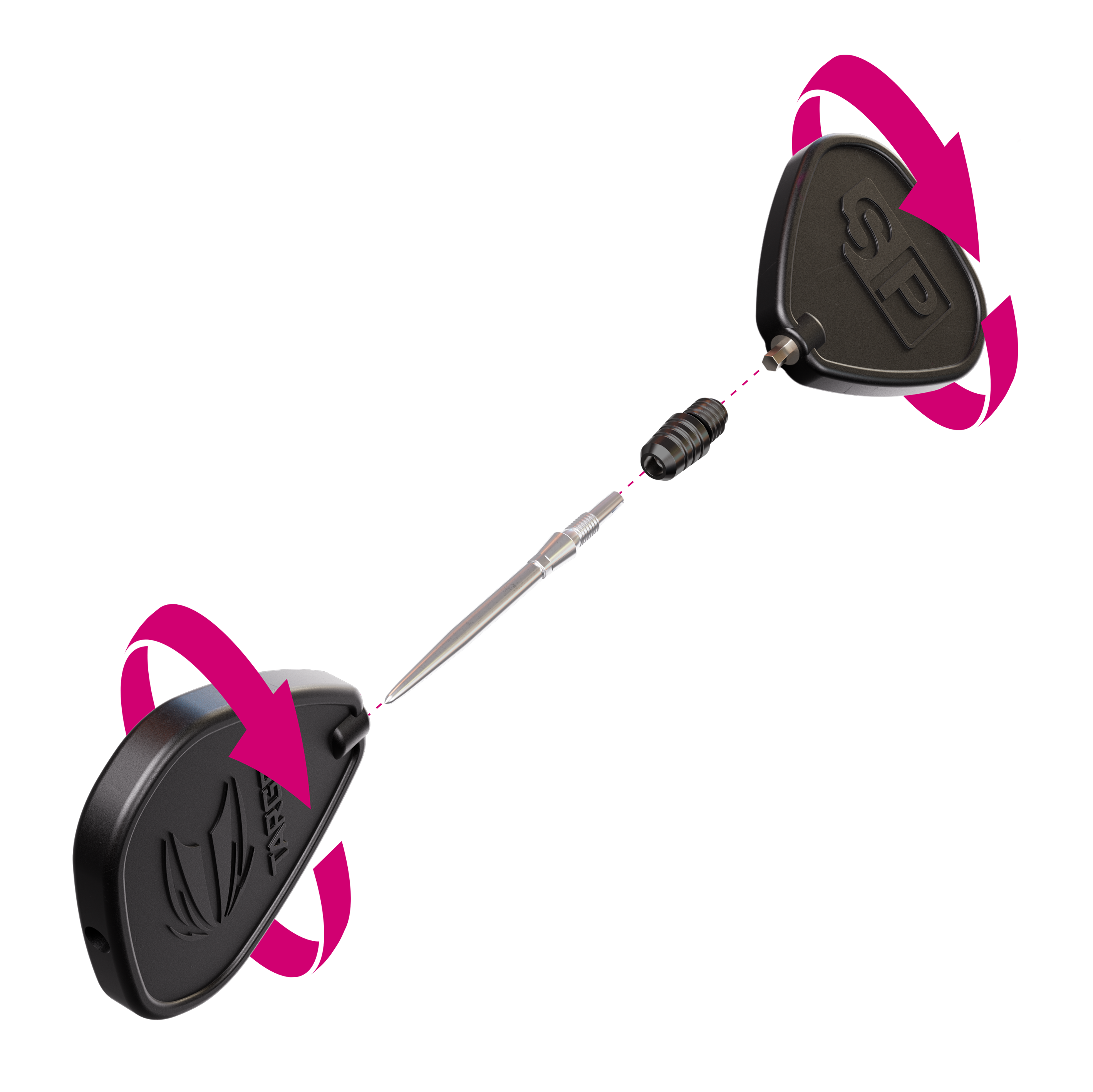 Target Swiss Point 2BA Converter - Black Das Bild zeigt den Target Swiss Point 2BA Converter in Schwarz. Zwei schwarze Werkzeuge und ein Converter mit einer Dartspitze sind abgebildet, mit Pfeilen, die eine Drehbewegung anzeigen.