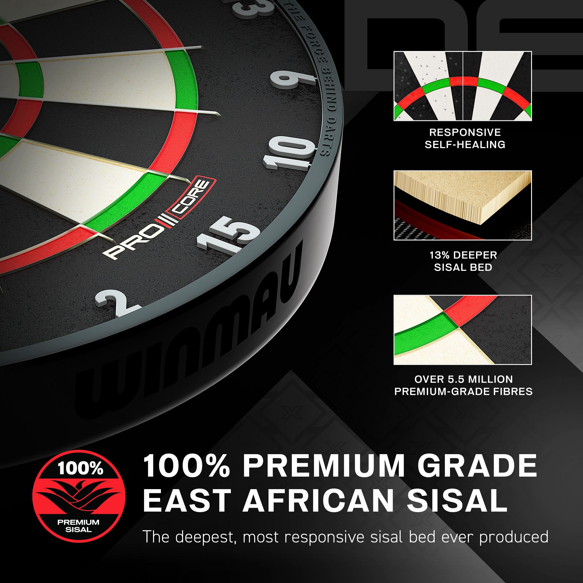 Hier ist ein Winmau Blade X ProCore Steeldartboard abgebildet. Das Produkt eignet sich für Dartspieler und Turniere.