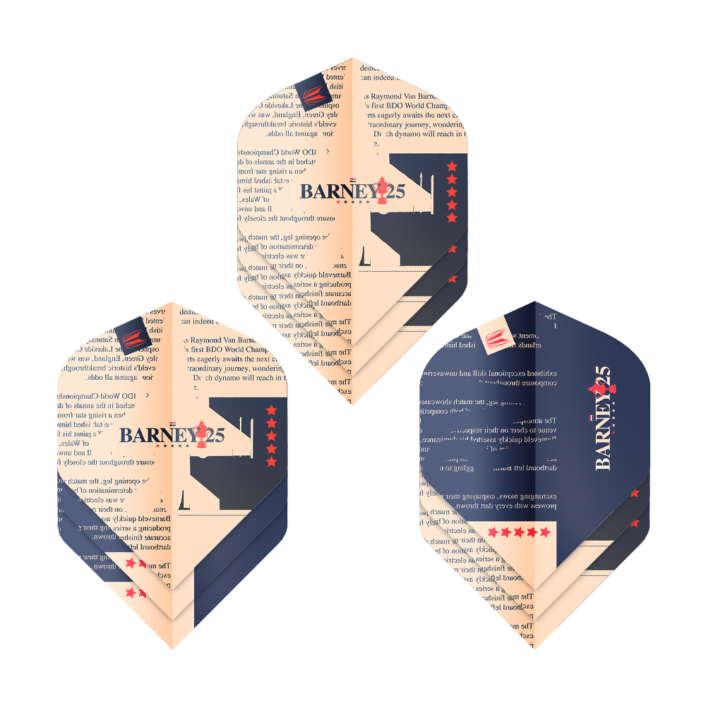 Target ProUltra Raymond Van Barneveld Barney25 Standard Flights Das Bild zeigt drei Sätze von Target ProUltra Raymond Van Barneveld Barney25 Standard Flights. Die Flights sind in Beige und Dunkelblau gestaltet und tragen den Aufdruck "BARNEY25" mit roten Sternen.