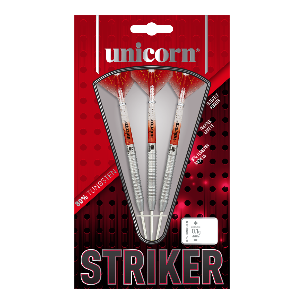 Auf dem Bild sind drei Unicorn Core XL Striker Style 1 Steeldarts mit einem Gewicht von 22g zu sehen. Die Verpackung ist rot-schwarz gestaltet und hebt 80% Tungsten-Barrels hervor.
