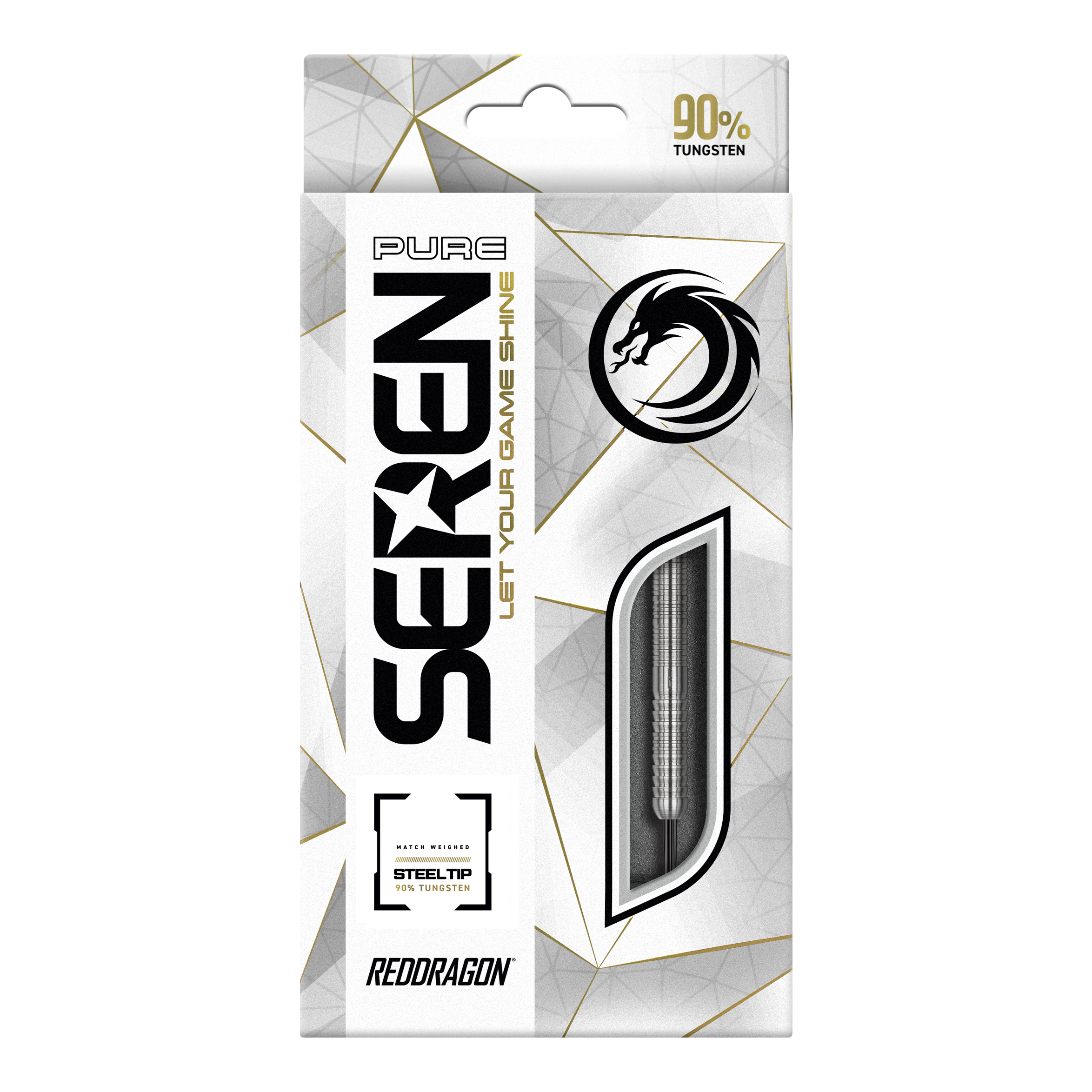 Red Dragon Seren 1 Pure Steeldarts Die Verpackung zeigt das Produkt "Red Dragon Seren 1 Pure Steeldarts". Auf der Vorderseite wird hervorgehoben, dass die Darts aus 90% Tungsten bestehen.