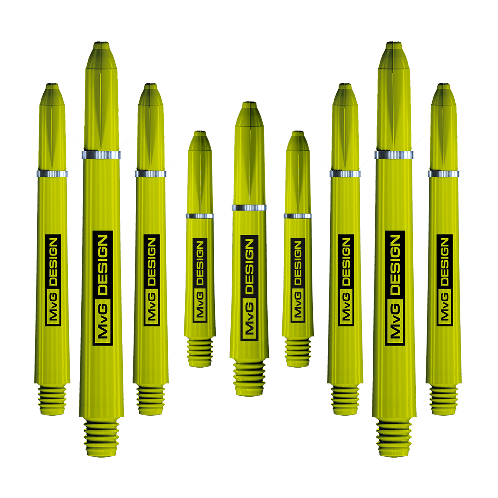 8125_Winmau_MvG_Signature_Shaft_Collection_2 Das Bild zeigt die "Winmau MvG Signature Shaft Collection", eine Sammlung von gelben Dartschäften. Auf jedem Schaft steht "MvG DESIGN" in schwarzer Schrift.